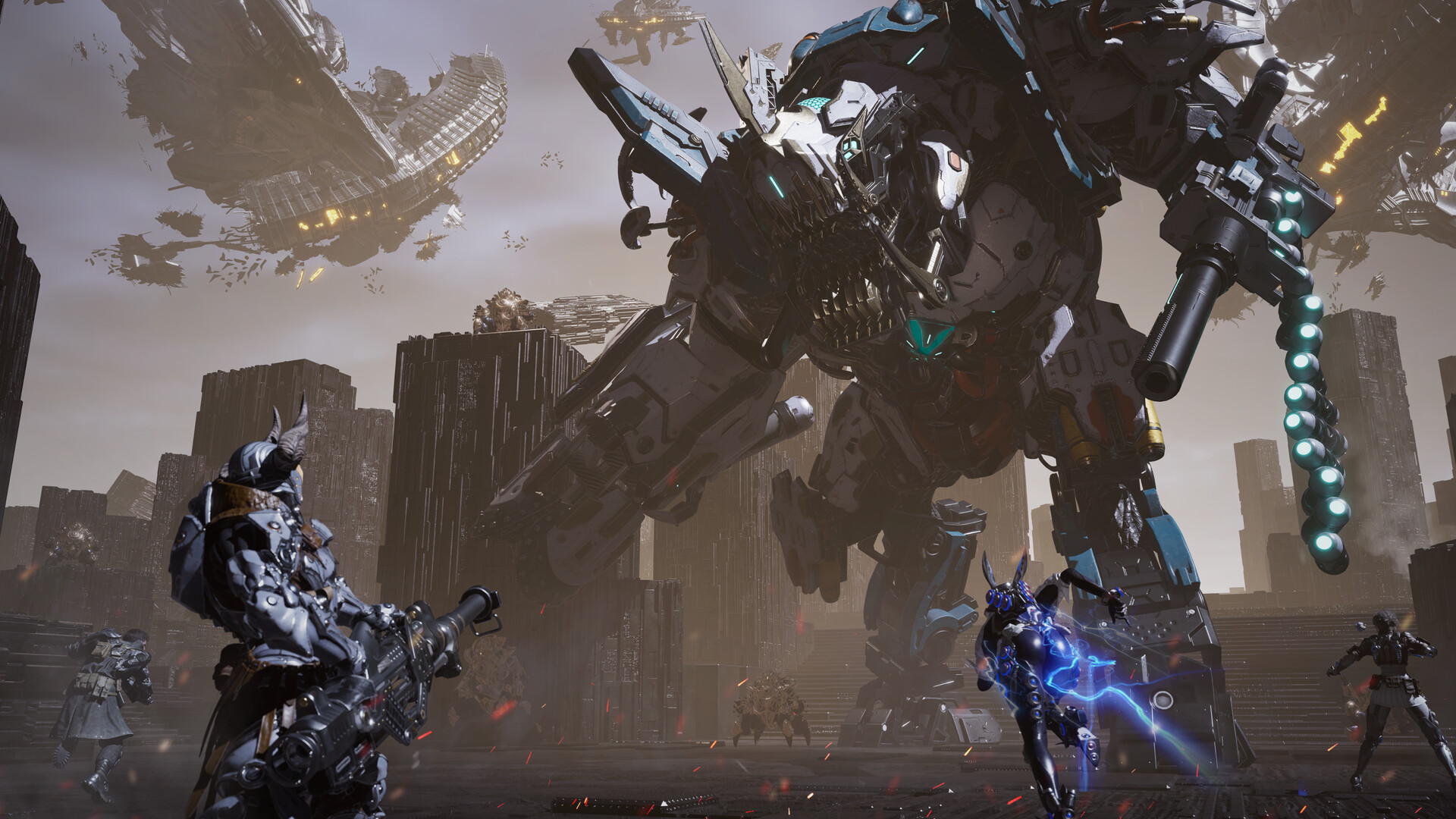 A man with a gun fights a robot in The First Descendant.