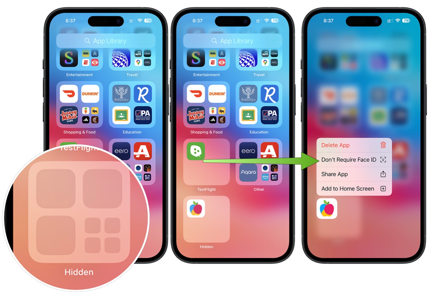 Screenshot showing how to unhide a hidden app in iOS 18.