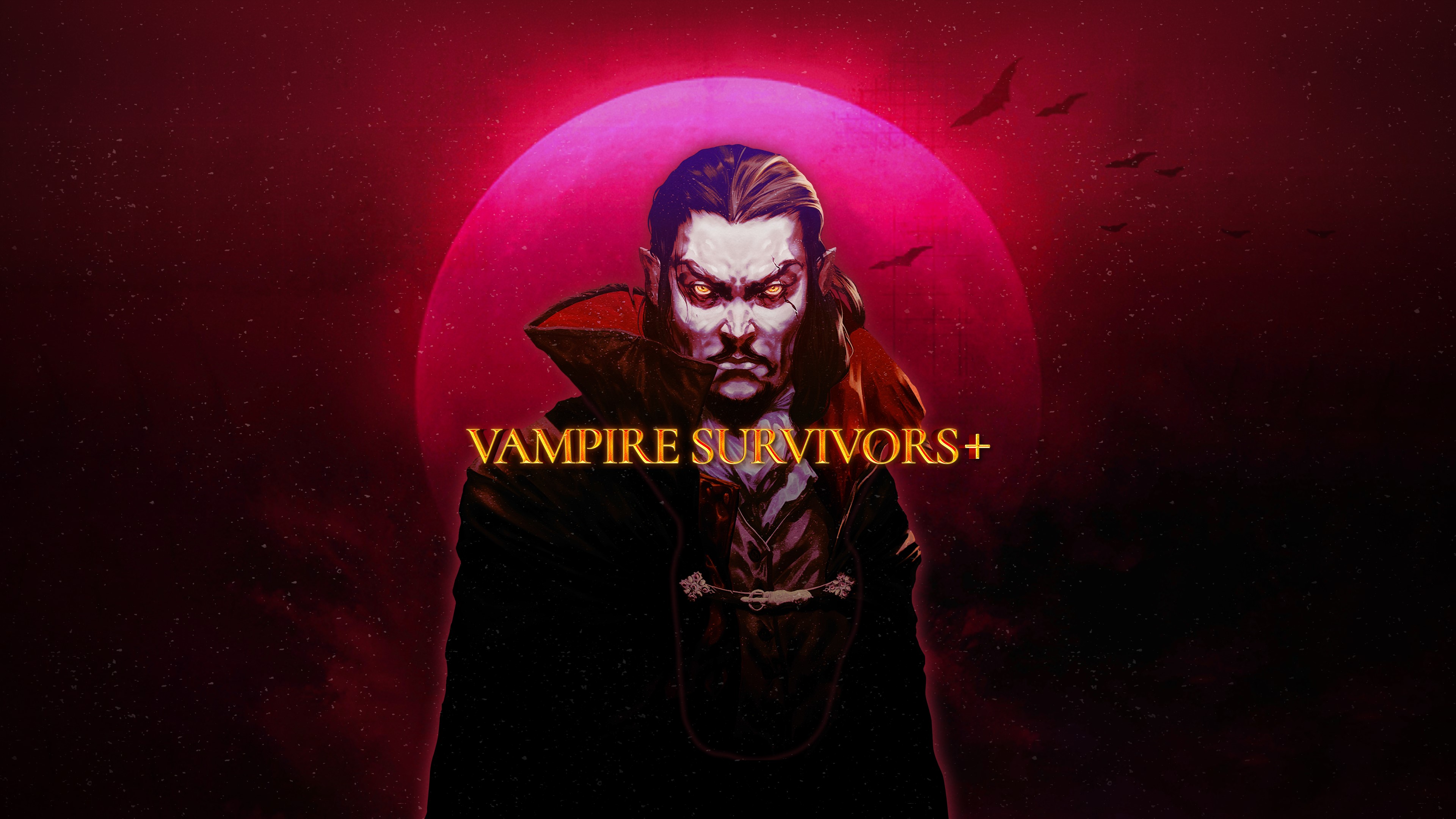 El jefe final de Vampire Survivors. Parece el conde drácula. Está frente a una luna rosa y "Vampire Survivors+" está en el frente.