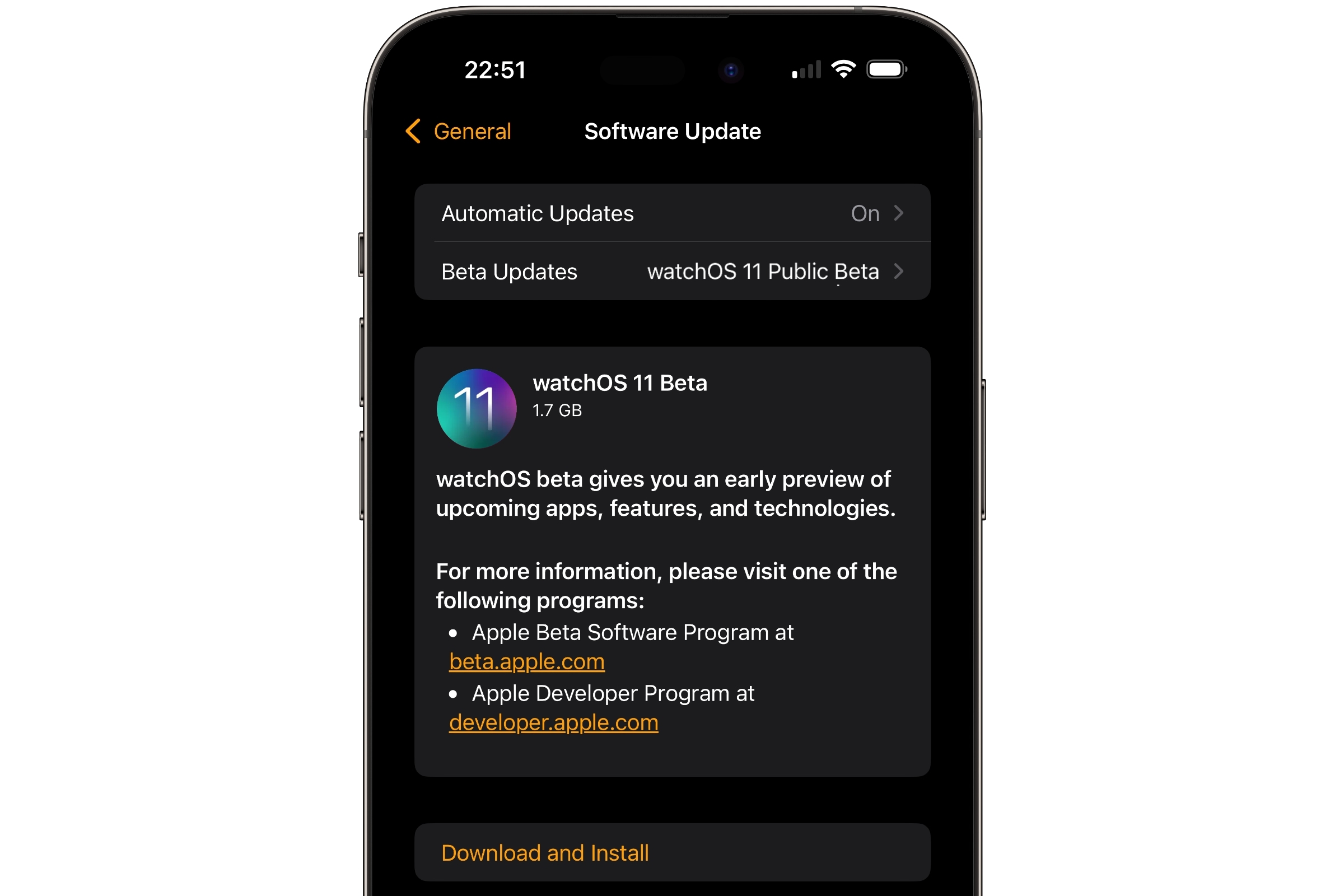 iPhone que muestra la actualización de software beta pública de watchOS 11.