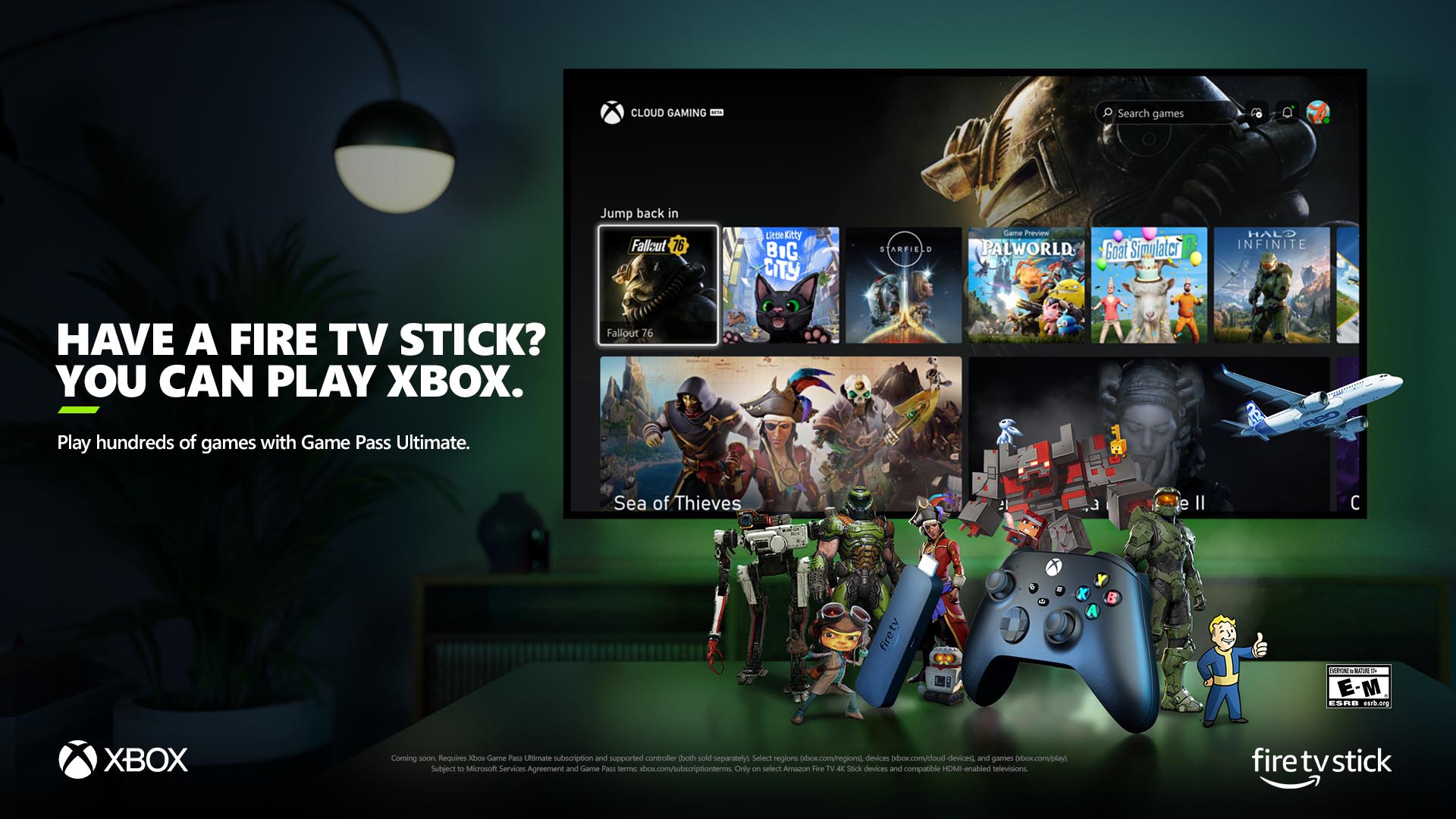 An ad for Xbox on Fire TV shows a screen full of games.