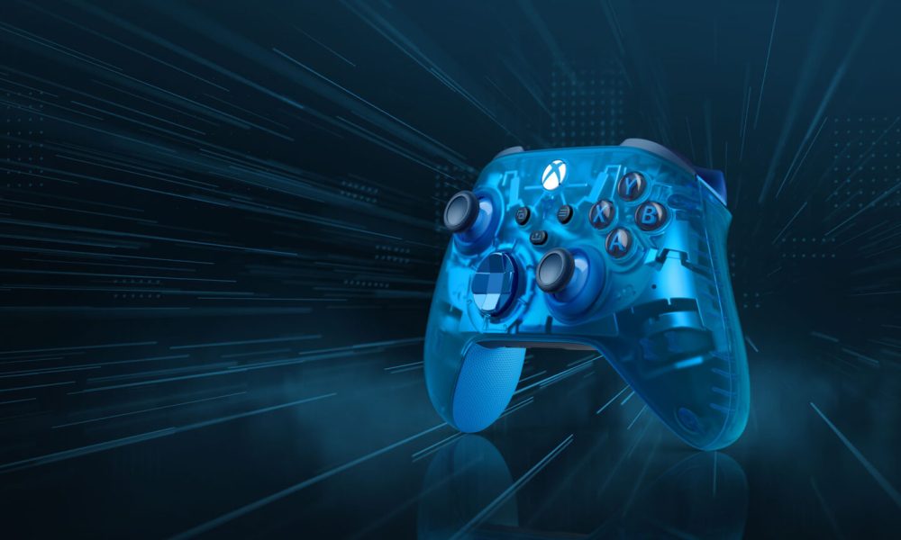 A blue translucent Xbox controller in front of a cyber blue background.