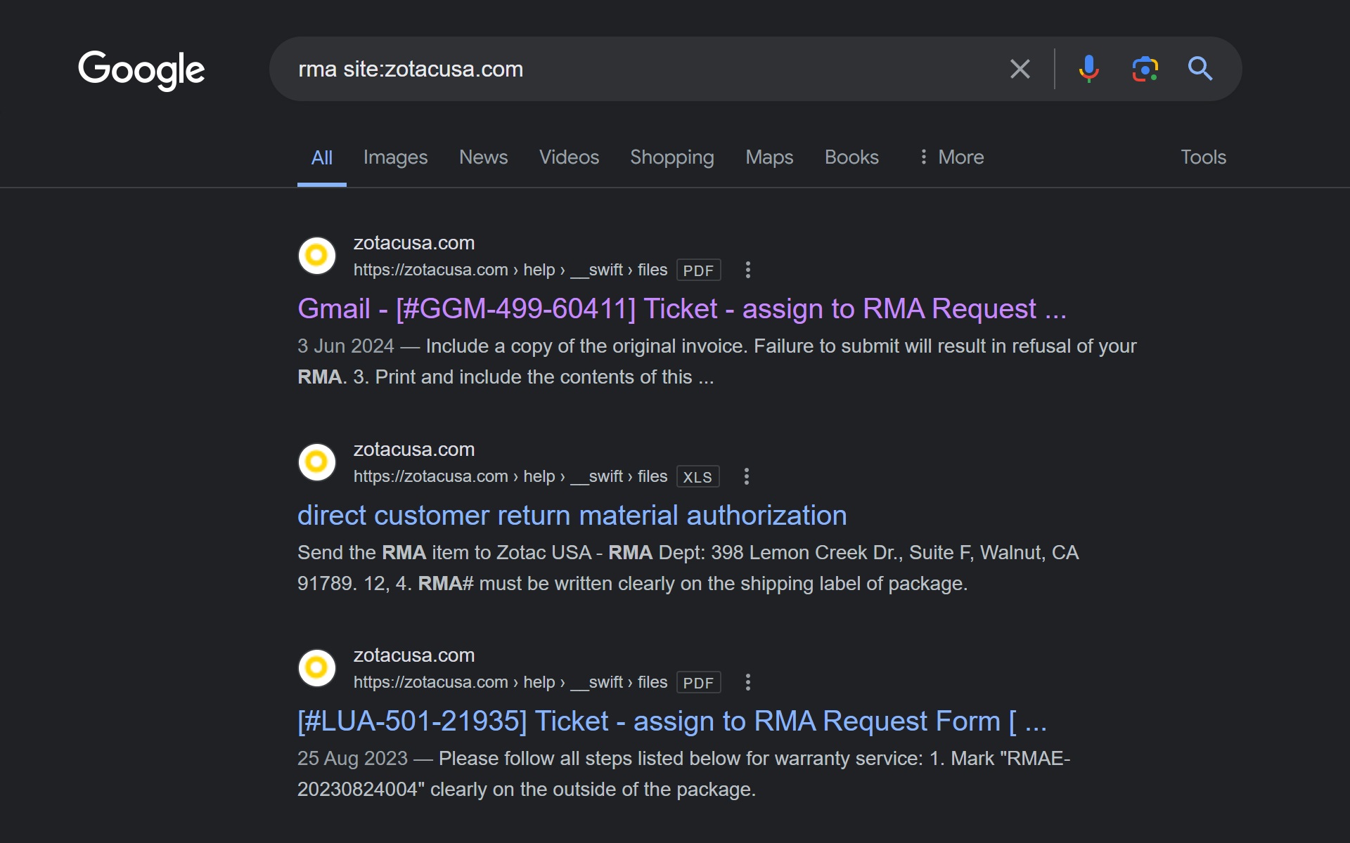 Google search result reveals Zotac's customer RMA information.