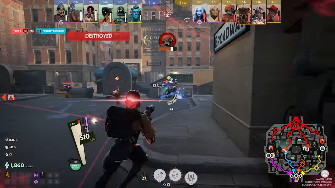 Deadlock gameplay of two heroes shooting.