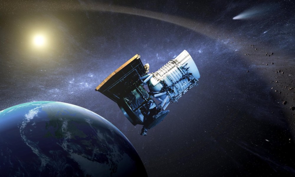 This artist’s concept depicts the NEOWISE spacecraft in orbit around Earth. Launched in 2009 to survey the entire sky in infrared, the spacecraft took on a more specialized role in 2014 when it was reactivated to study near-Earth asteroids and comets.