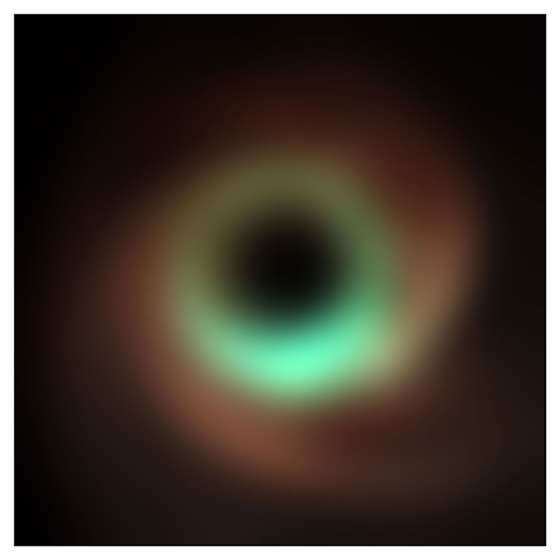 Esta imagen simulada muestra cómo M87* es visto por el Event Horizon Telescope a 86 GHz (rojo), 230 GHz (verde) y 345 GHz (azul). Cuanto mayor es la frecuencia, más nítida se vuelve la imagen, revelando estructura, tamaño y forma que antes eran menos discernibles.