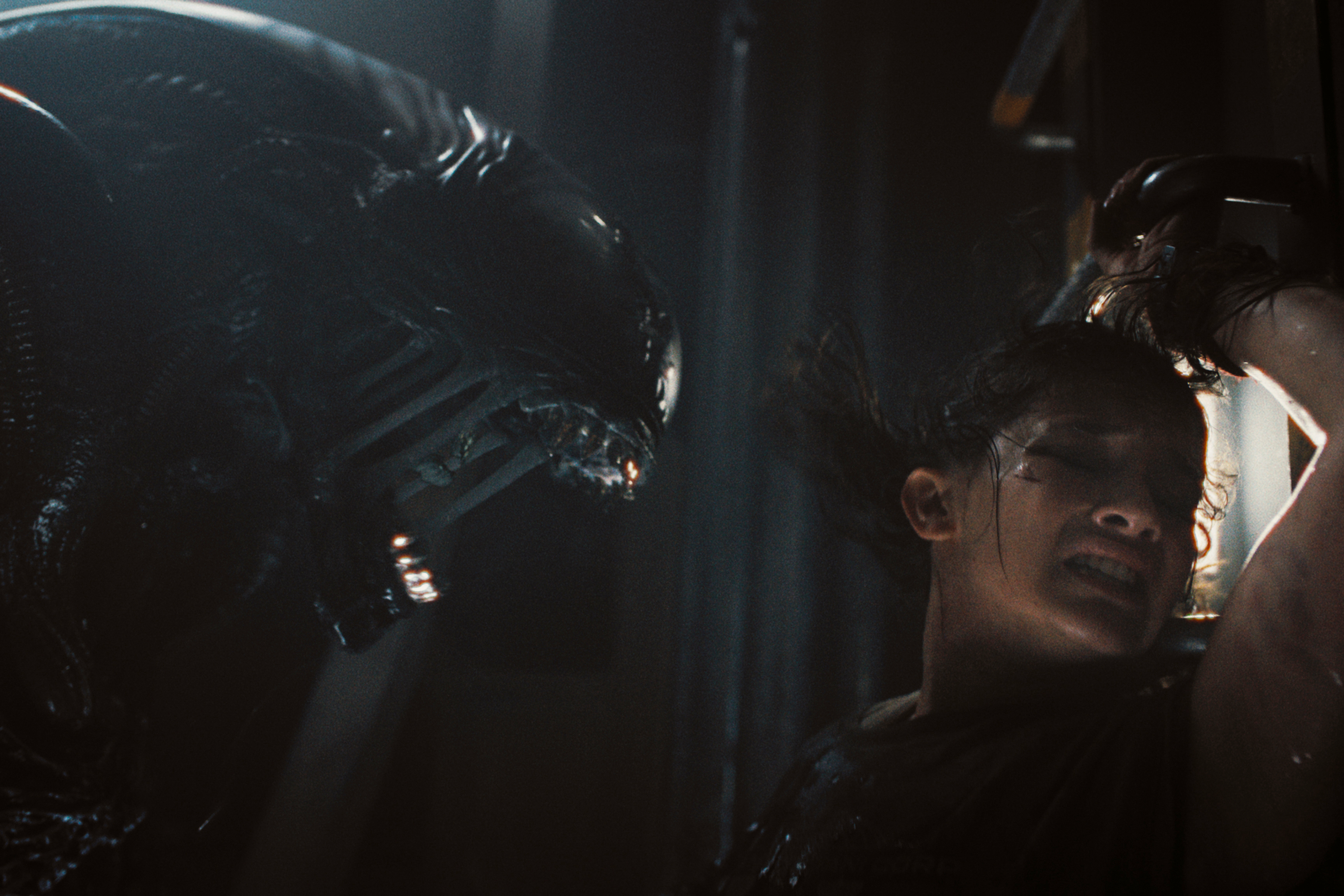 Un Xénomorphe crie à Rain dans Alien : Romulus.