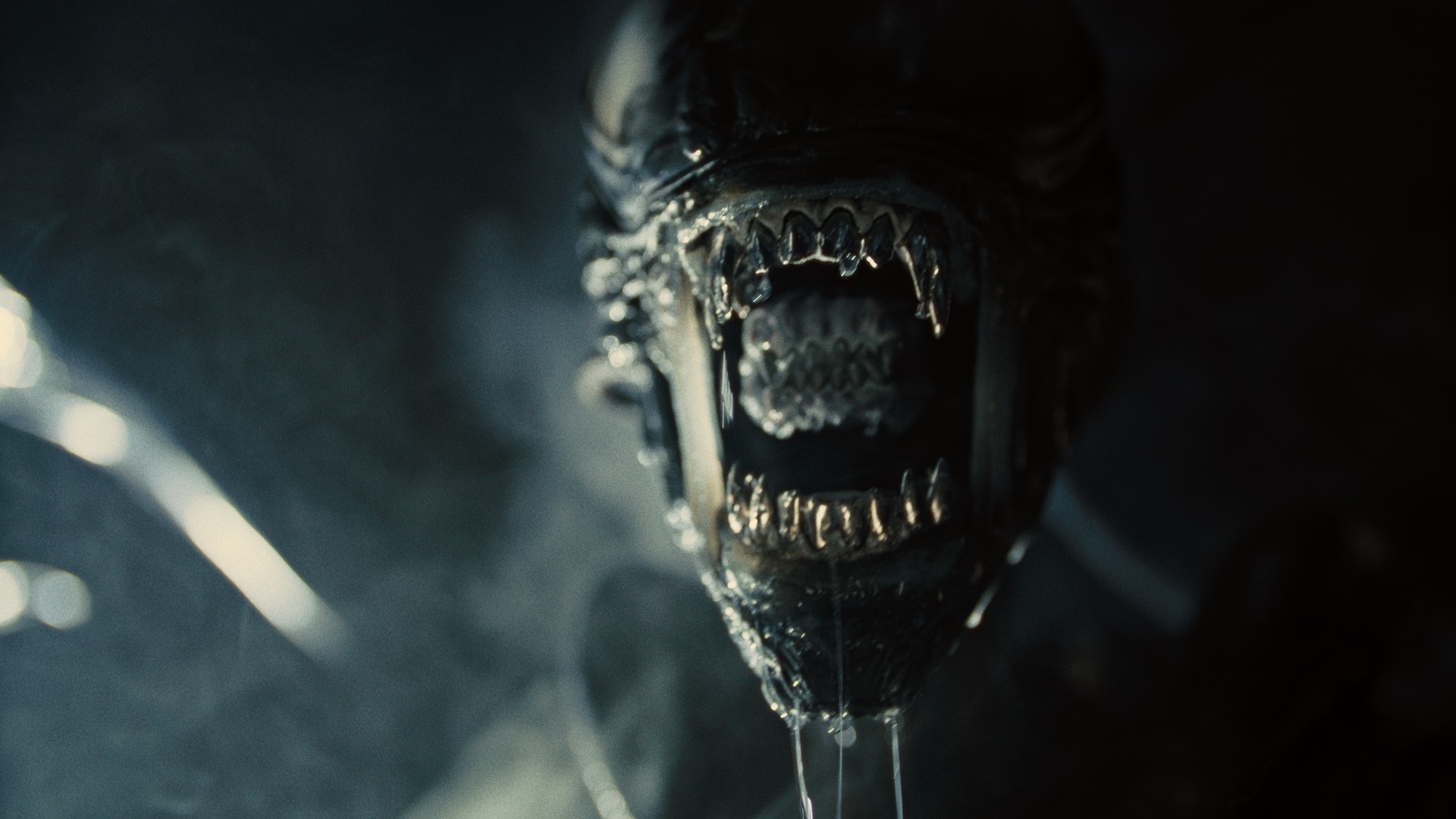 O Xenomorfo sibila em close-up em uma foto do filme Alien: Romulus.