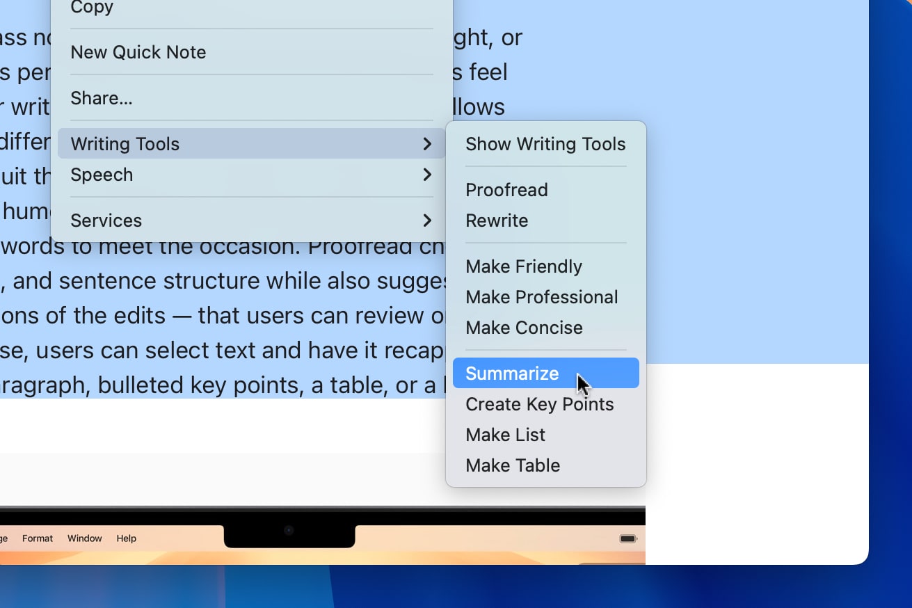 MacOS Sequoia में Apple इंटेलिजेंस का उपयोग टेक्स्ट के चयन को सारांशित करने के लिए किया जा रहा है।