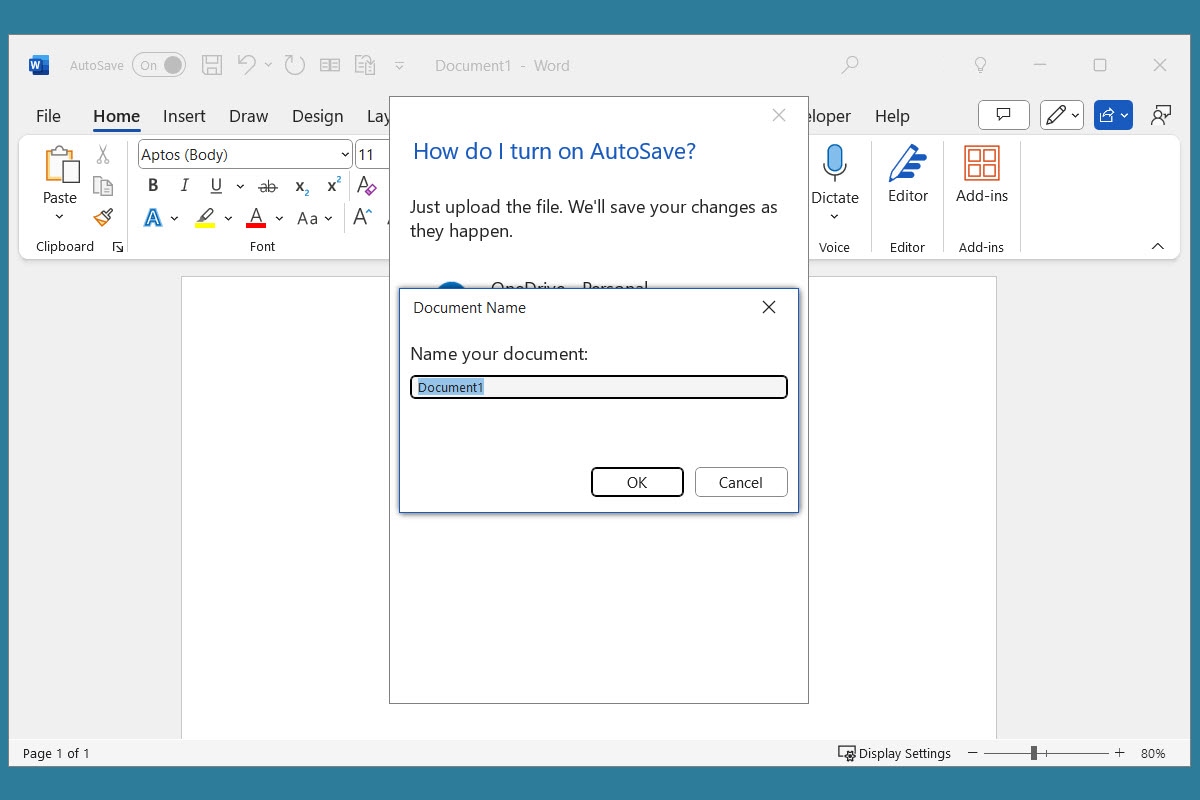 Benennen Sie eine Datei zum automatischen Speichern in Word.