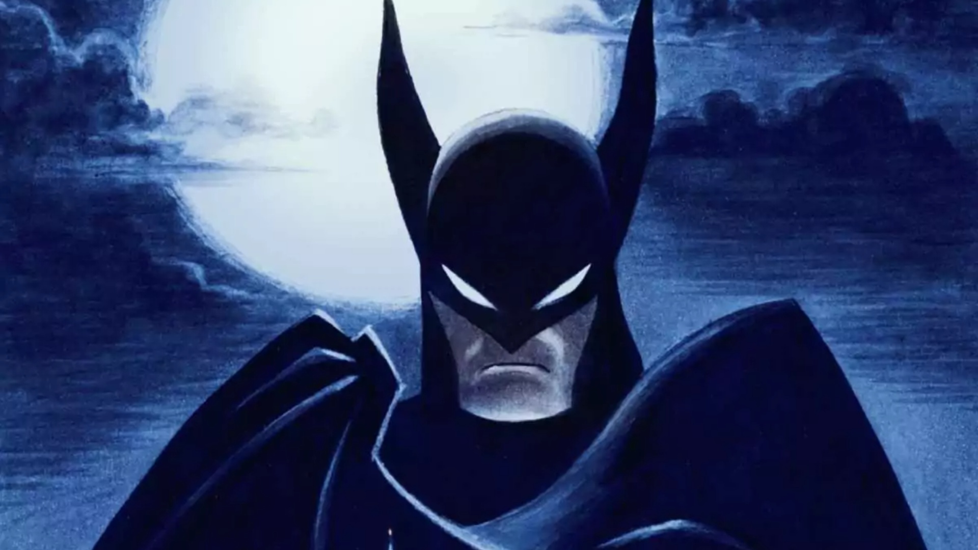 Batman sosteniendo su capa contra el telón de fondo de la luna en el arte clave de Caped Crusader.