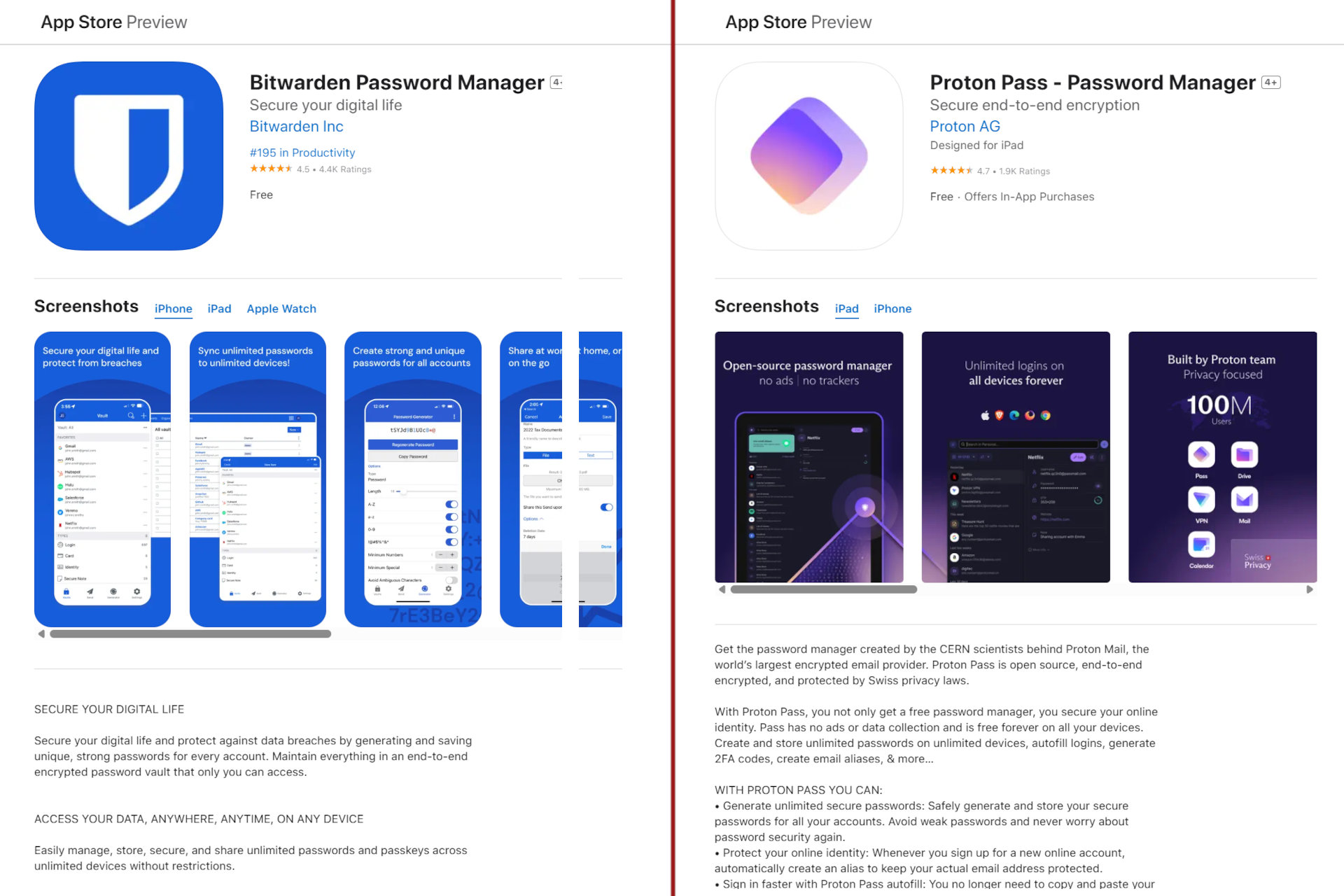 Les applications Bitwarden et Proton Pass conservent d'excellentes notes sur l'App Store.