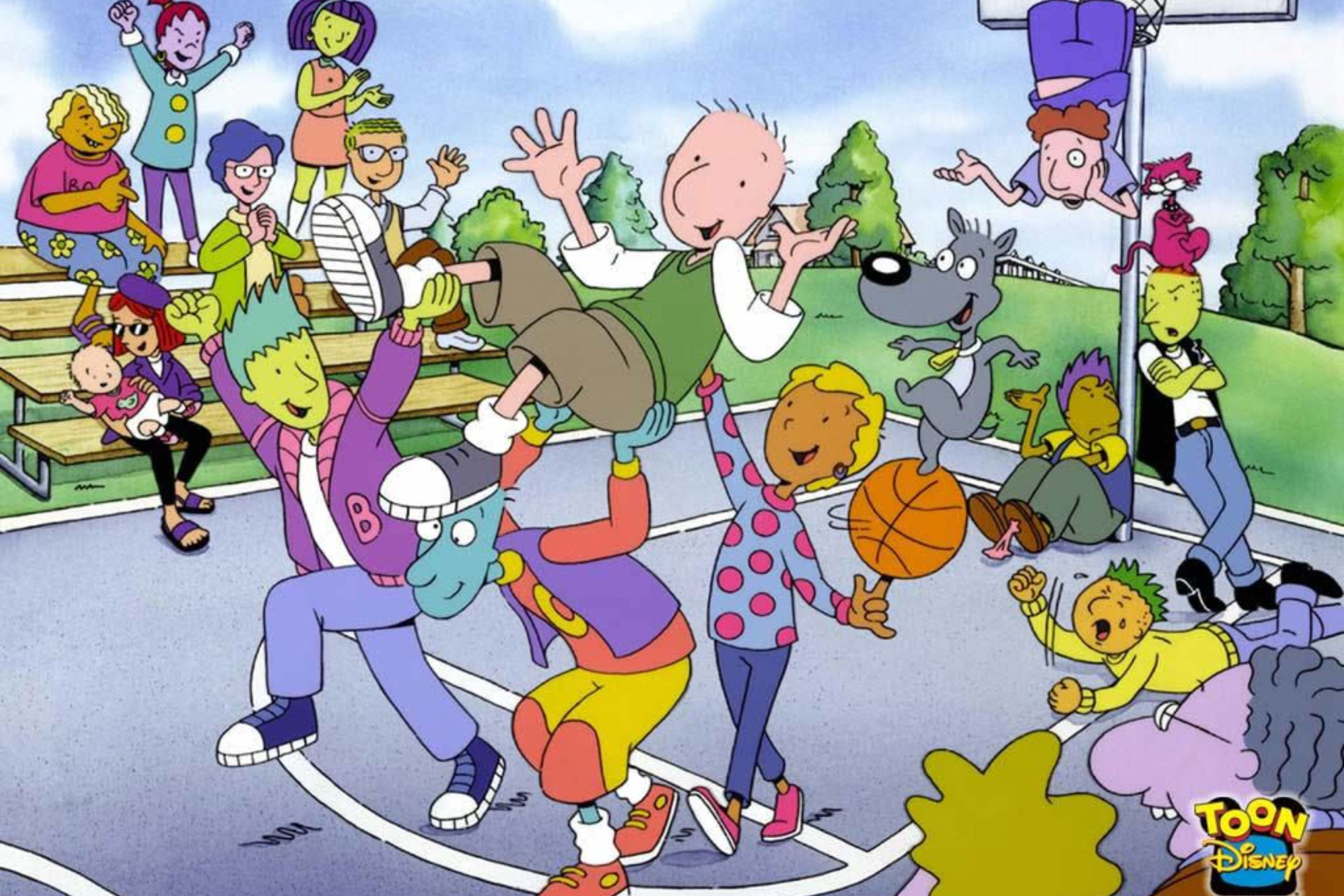 Personagens de Doug em uma quadra de basquete.