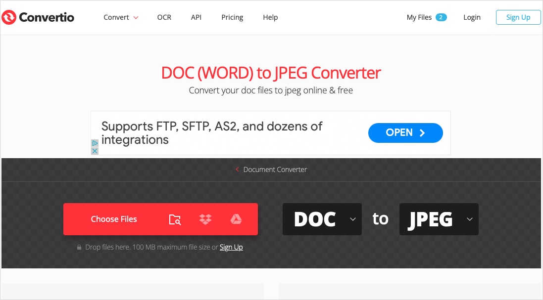 Choose Files on the Contertio Doc to JPEG page.