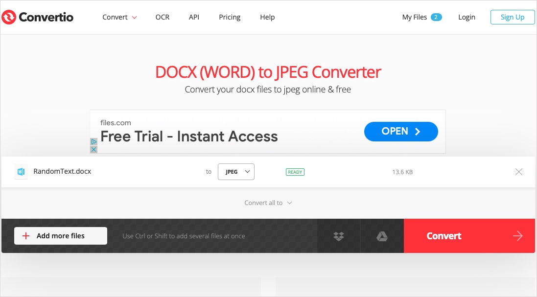 Convertio Doc을 JPEG로 변환 페이지에서 변환하세요.