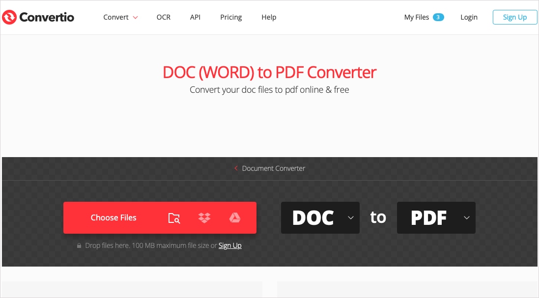 Choisissez Fichiers sur la page Contertio Doc to PDF.