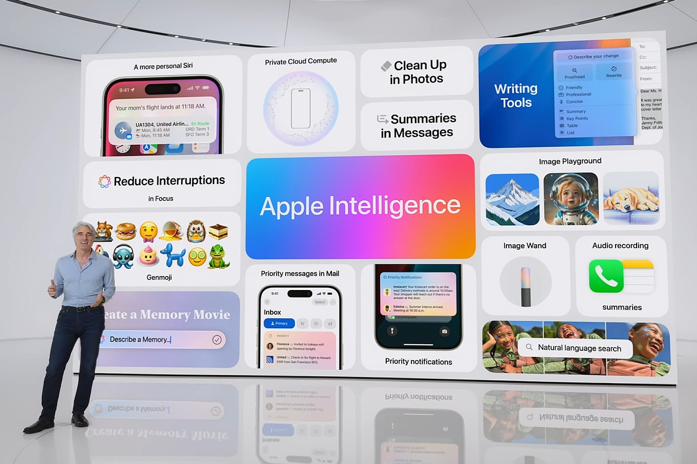 Craig Federighi da Apple discutindo Apple Intelligence na Worldwide Developers Conference (WWDC) 2024.