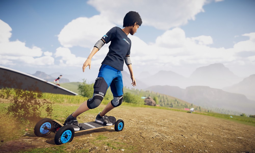 A player in Descenders Next moutainboards.