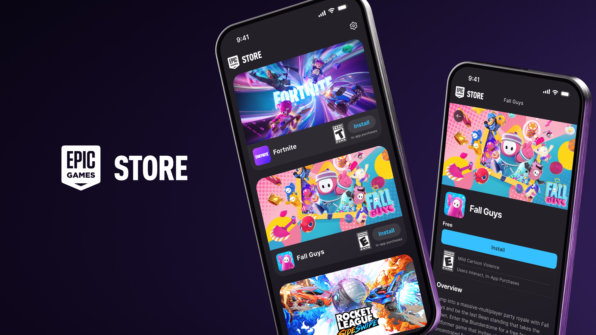 Fortnite, Fall Guys ve Rocket League'in indirilebildiği Epic Games Store'u gösteren iki telefon.