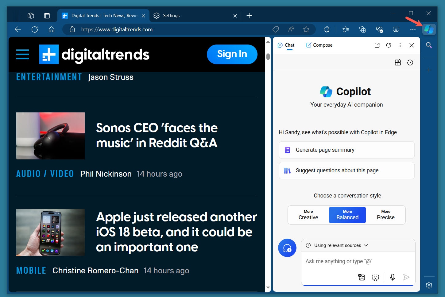 Copilot sidebar in Edge