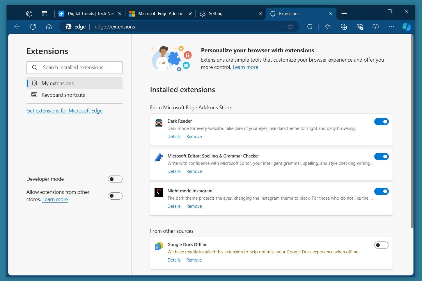 Edge installed extensions