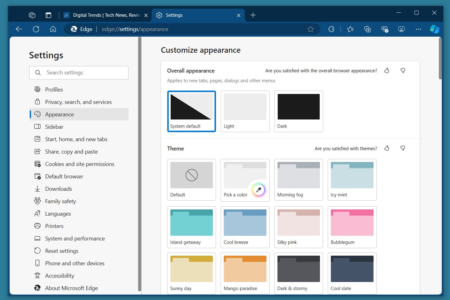 Aparición en la configuración de Edge.