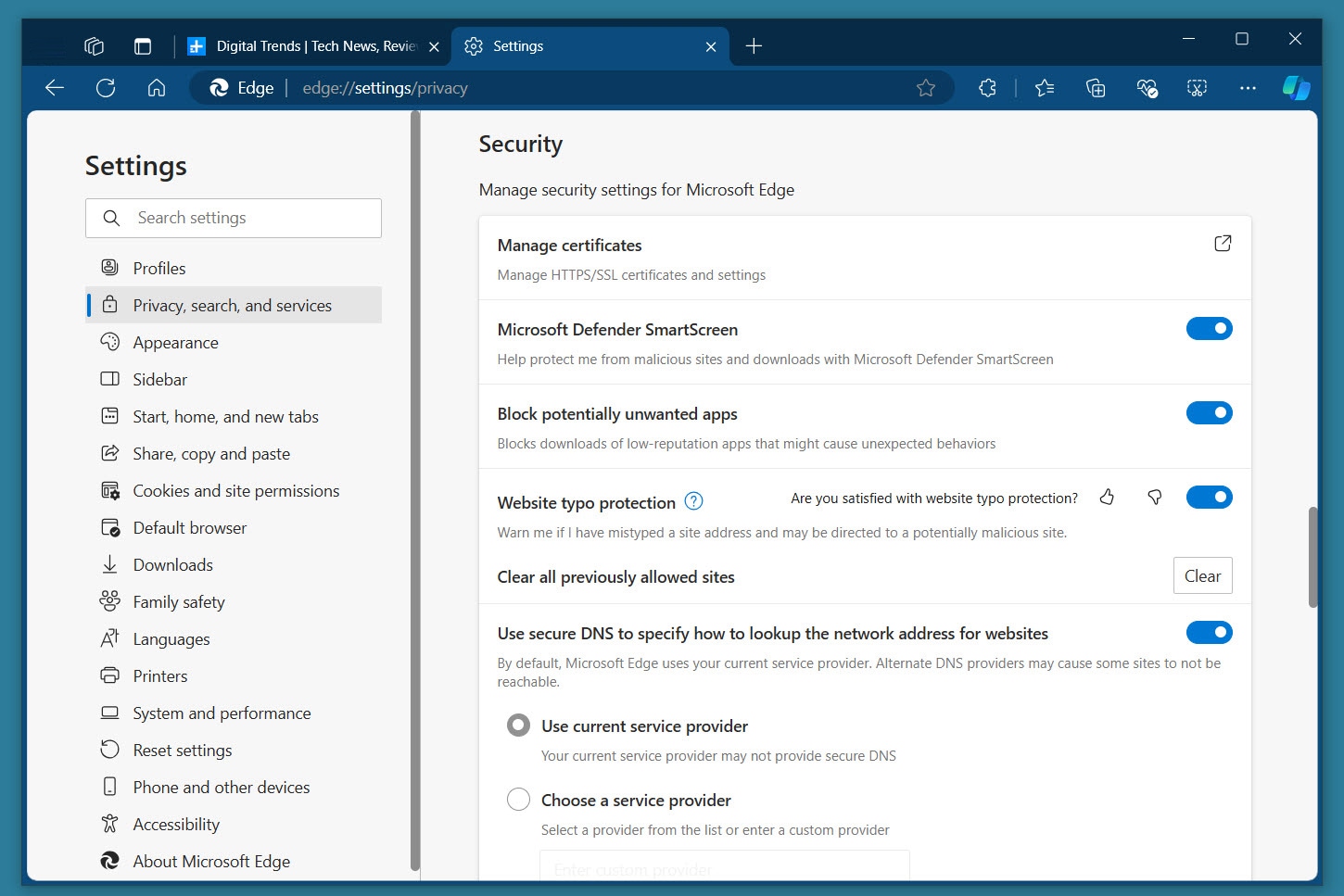 Seguridad en la configuración de Edge.