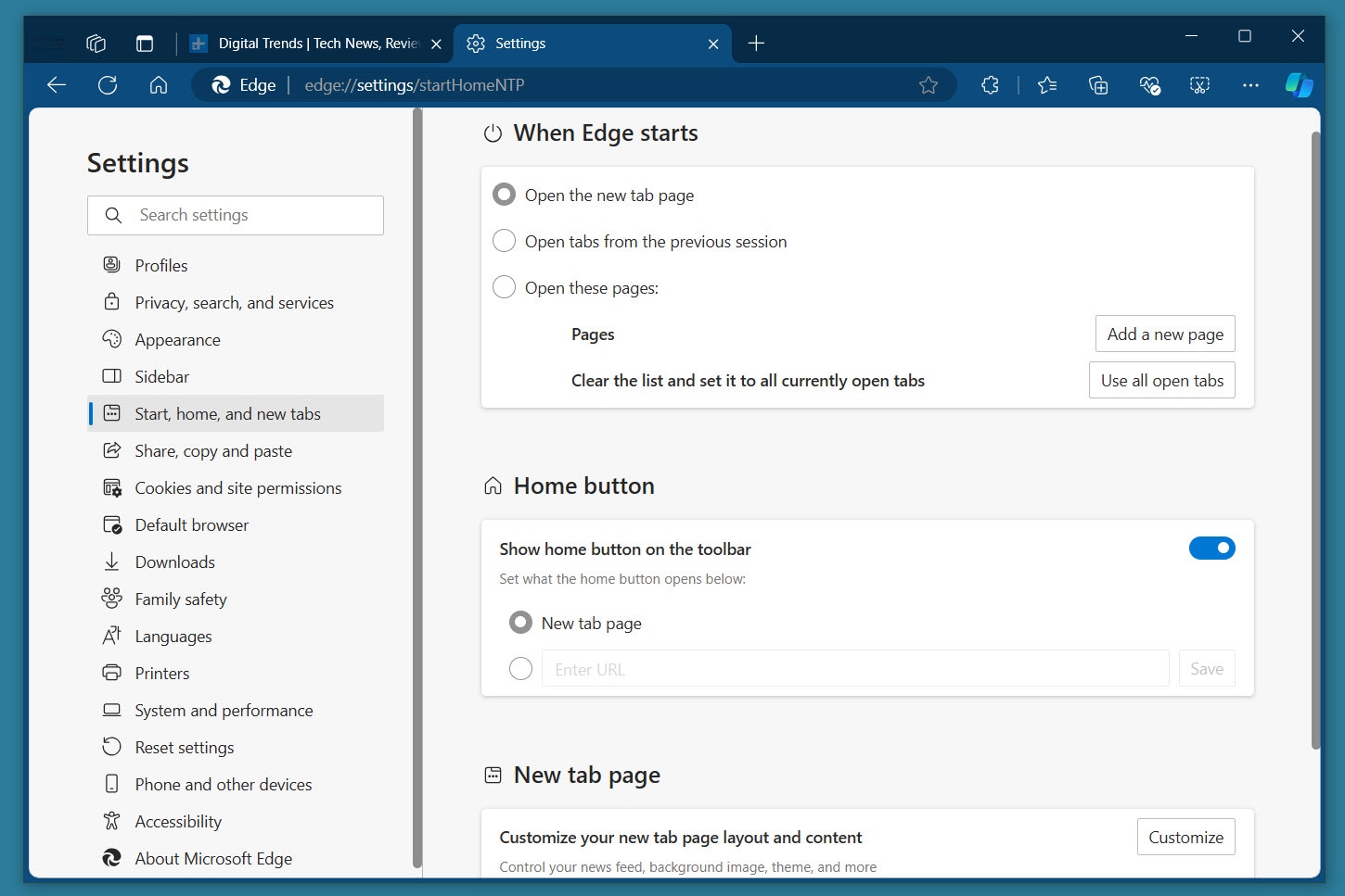 Inicio, Inicio y Pestañas en la Configuración de Edge.