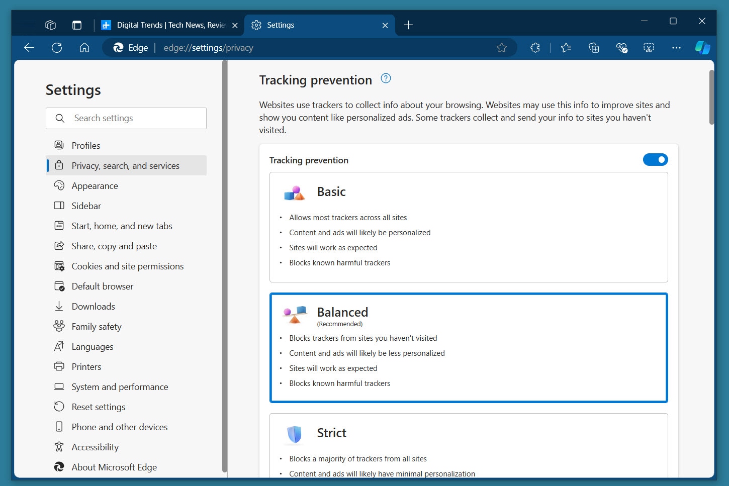 Prevención de seguimiento en la configuración de Edge.