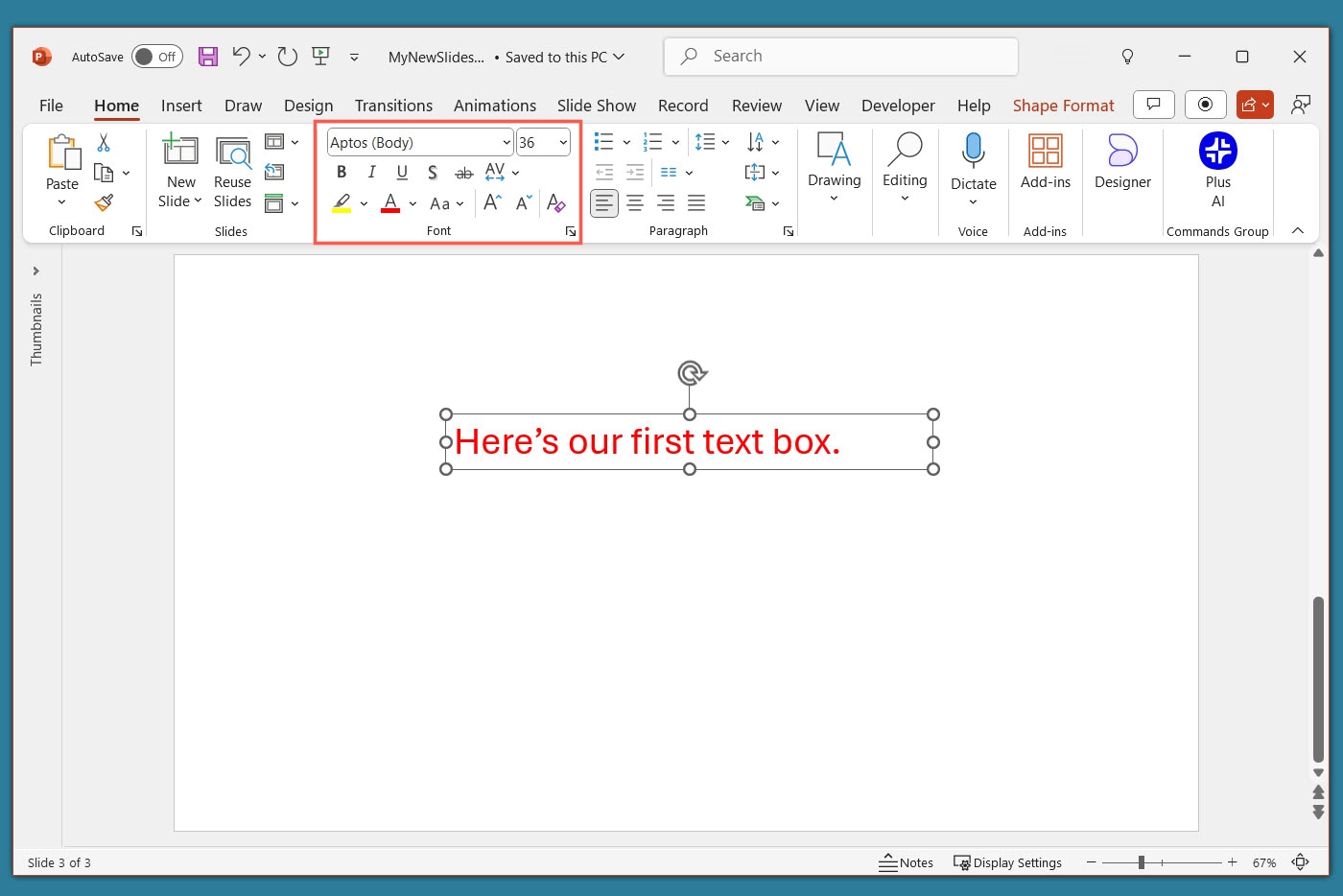 Format font in a text box in PowerPoint.