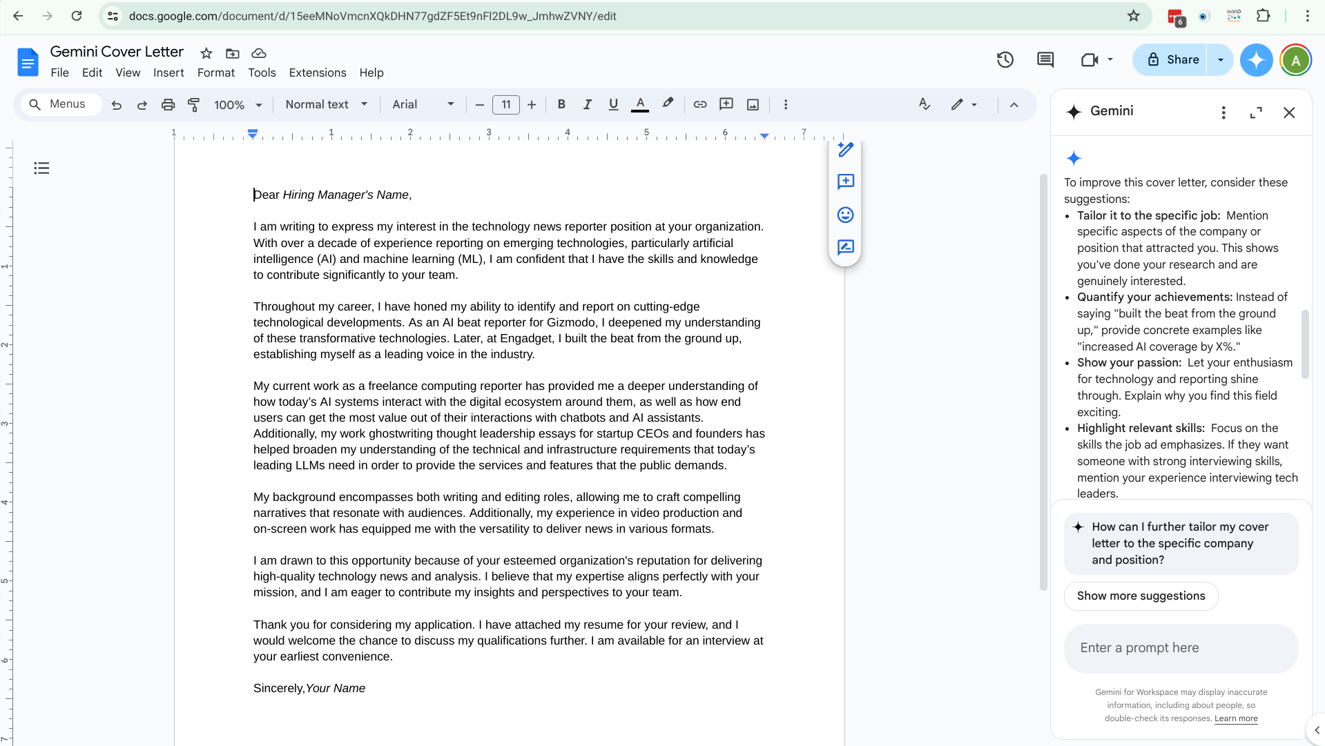 Gemini AI wrote a cover letter