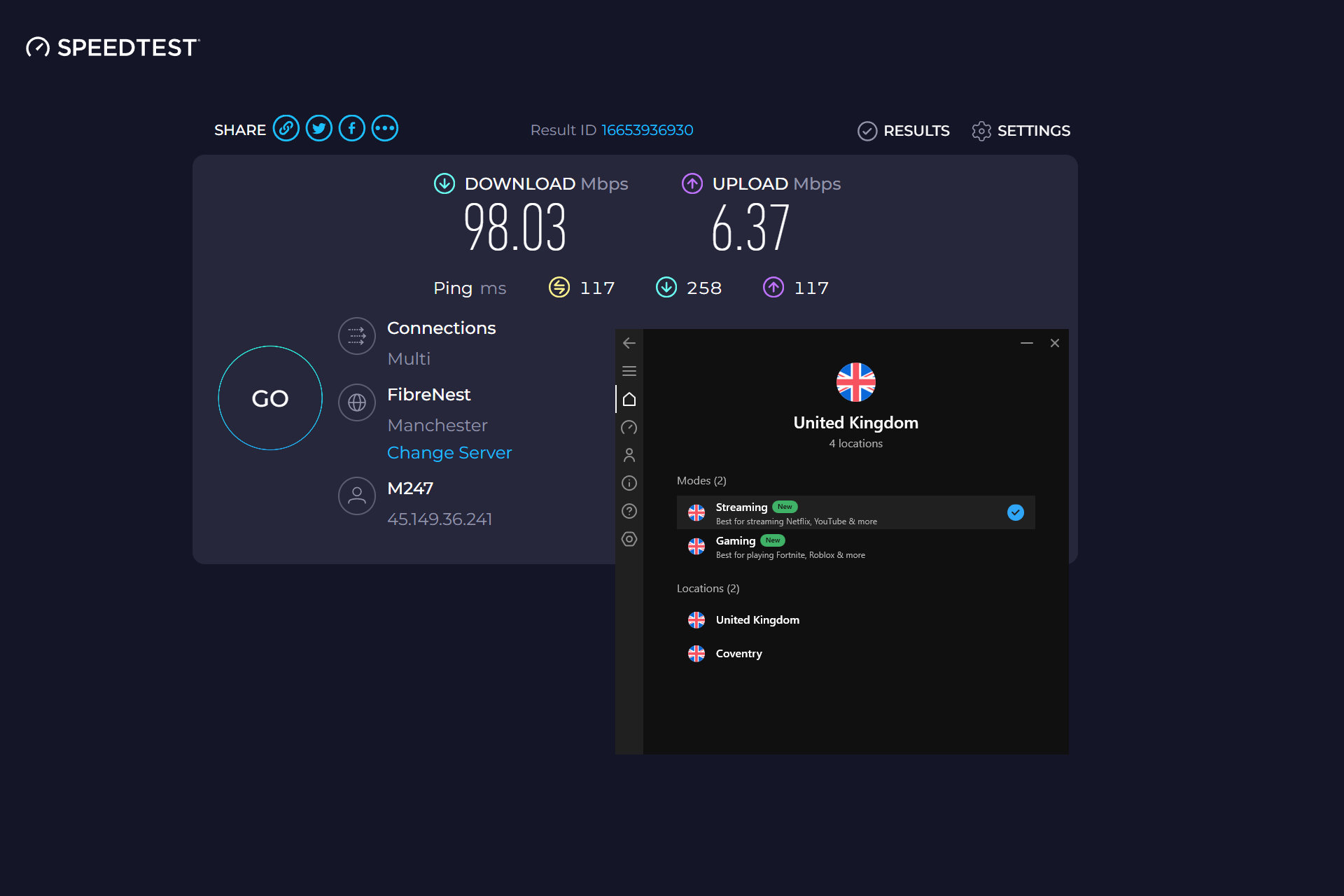 Hotspot Shield's U.K. streaming server was faster than the one for gaming.