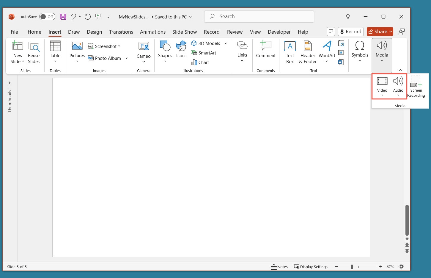 Insert Audio and Video menus in PowerPoint.