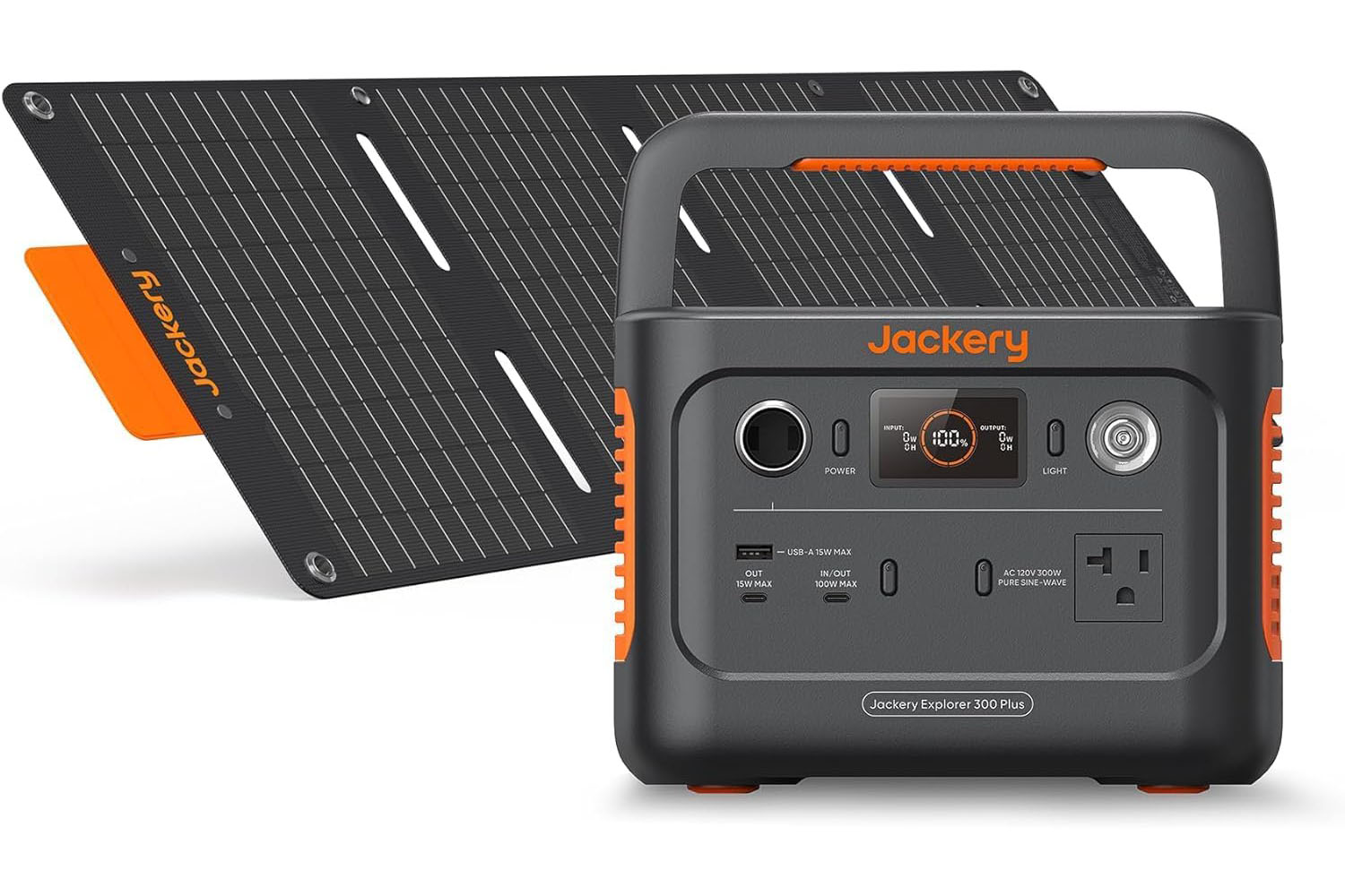 Солнечный генератор Jackery 300 Plus на белом фоне.