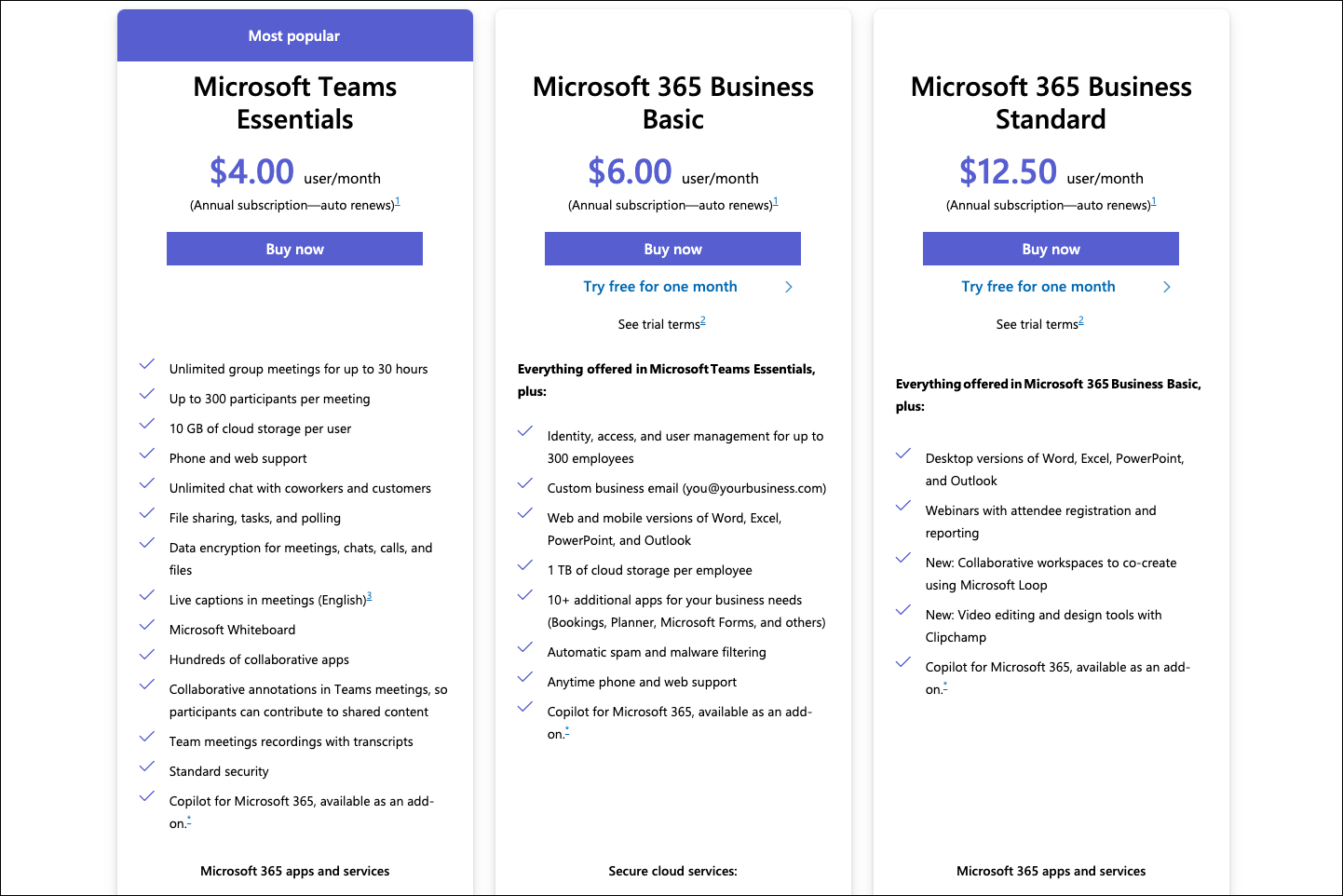 Planos de negócios do Microsoft Teams.