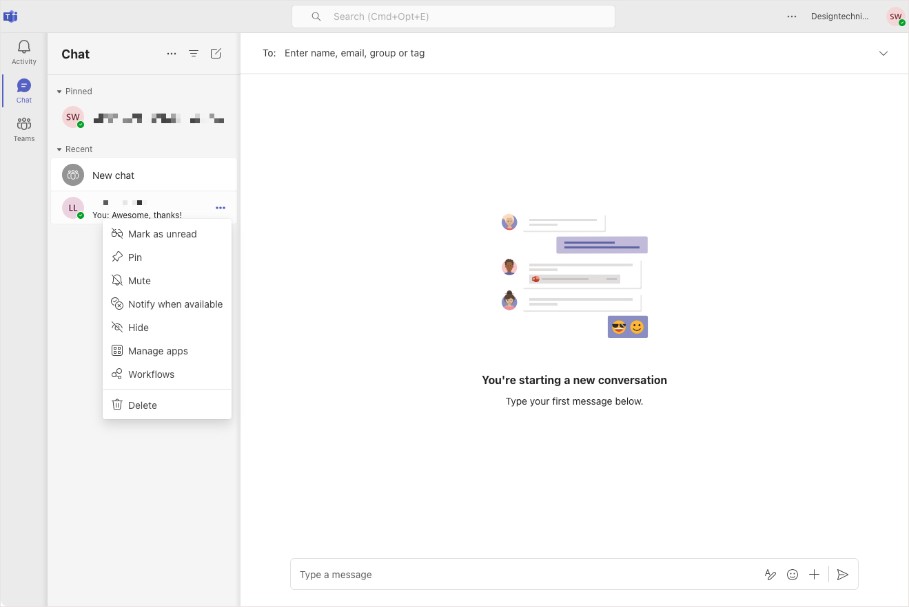 Seção de bate-papo do Microsoft Teams.