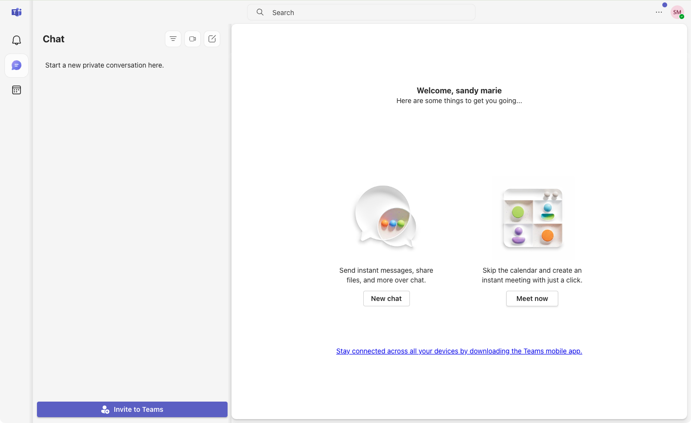 Tela principal de bate-papo do Microsoft Teams após o login.