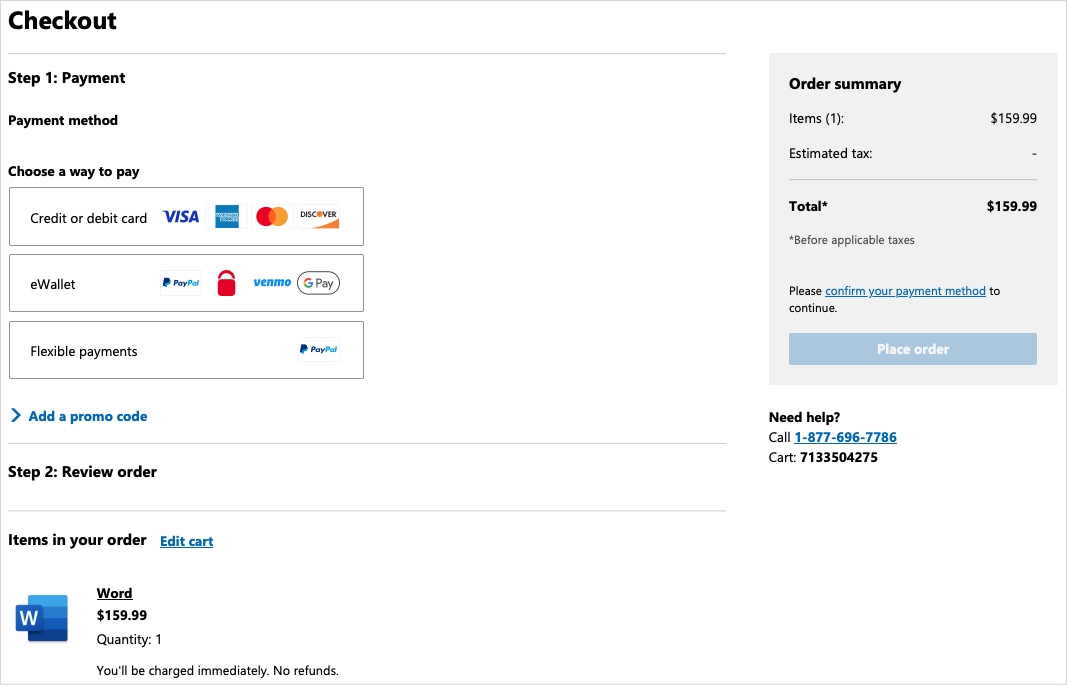 Microsoft Word checkout page.