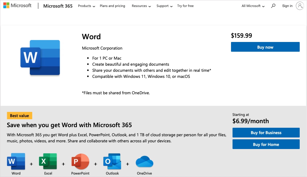 Microsoft Word purchasing page.