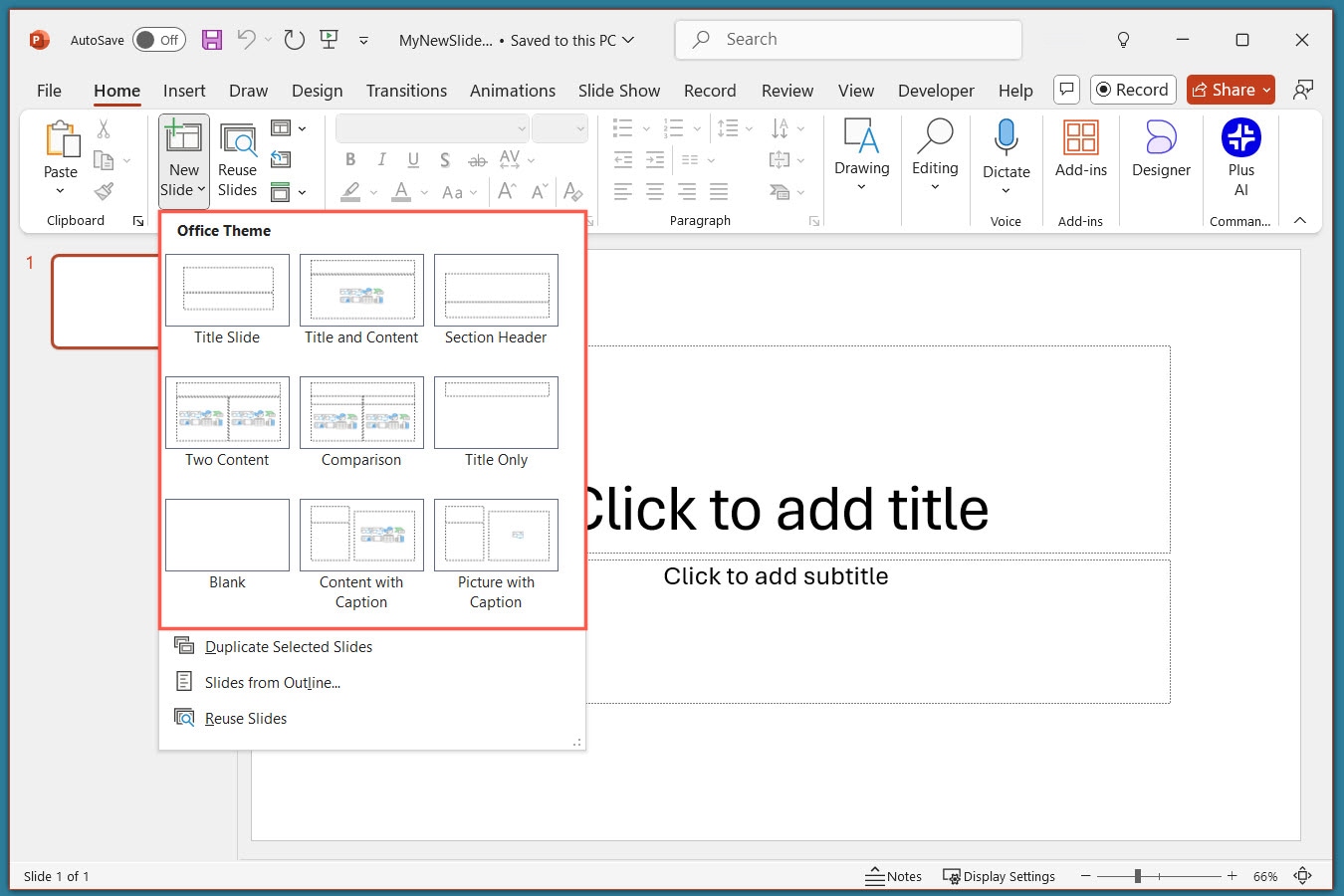 Layouts for a new PowerPoint slide.