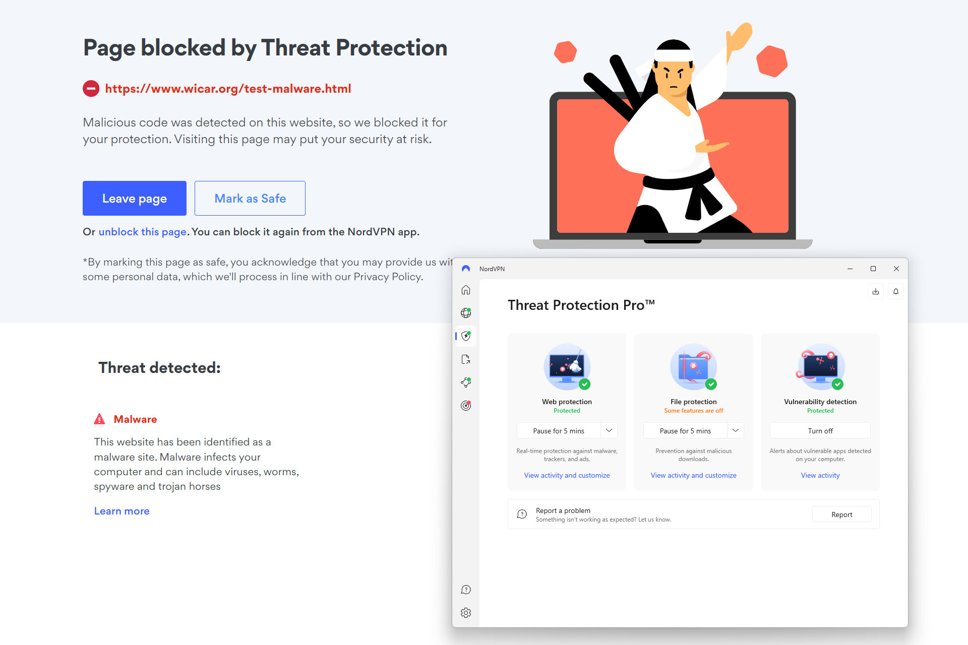 NordVPN Plus Threat Protection bloqueó todas las pruebas de malware en Wicar.