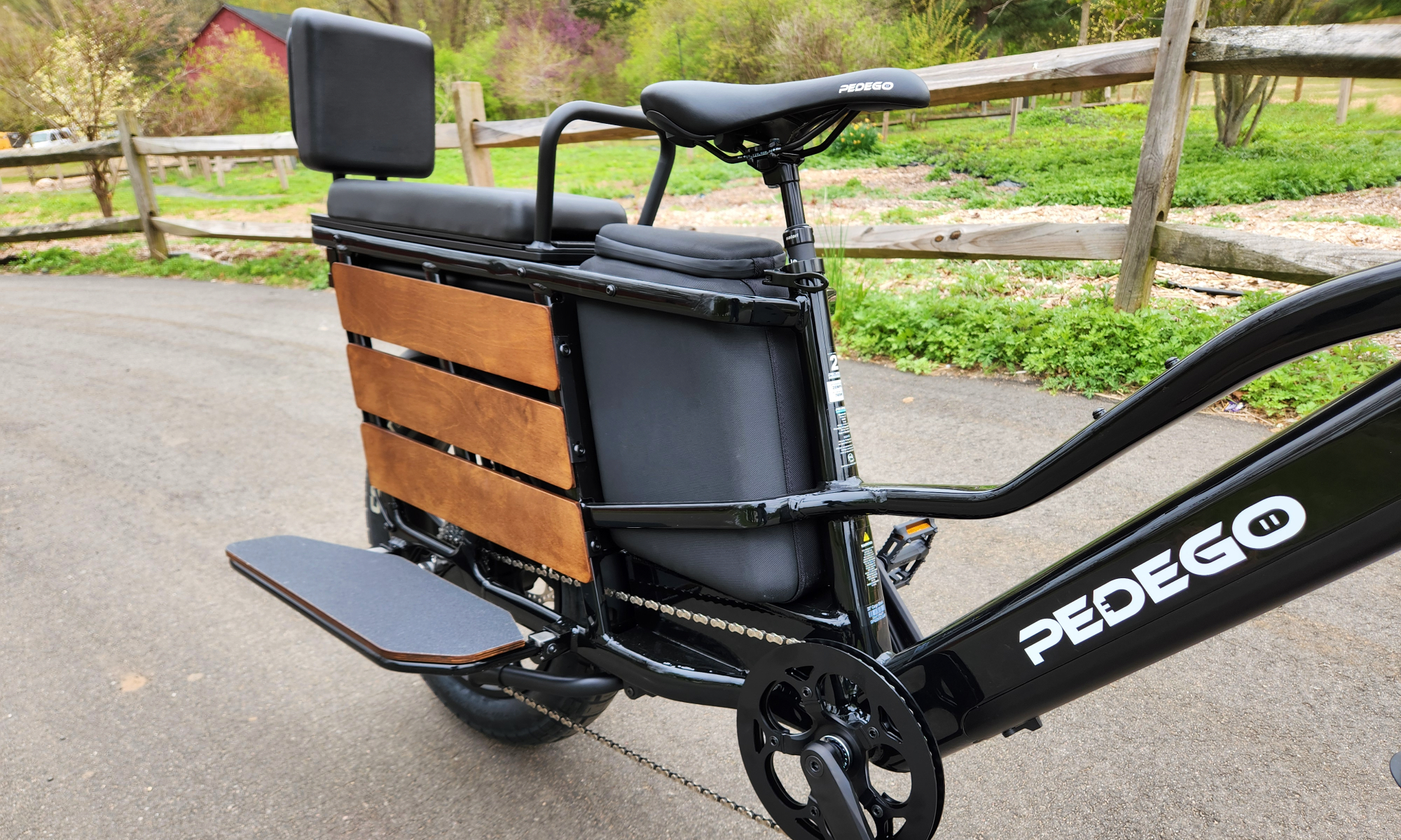 Pedego Cargo 乘客拥有充足的座位和脚踏板以及好友吧台把手。