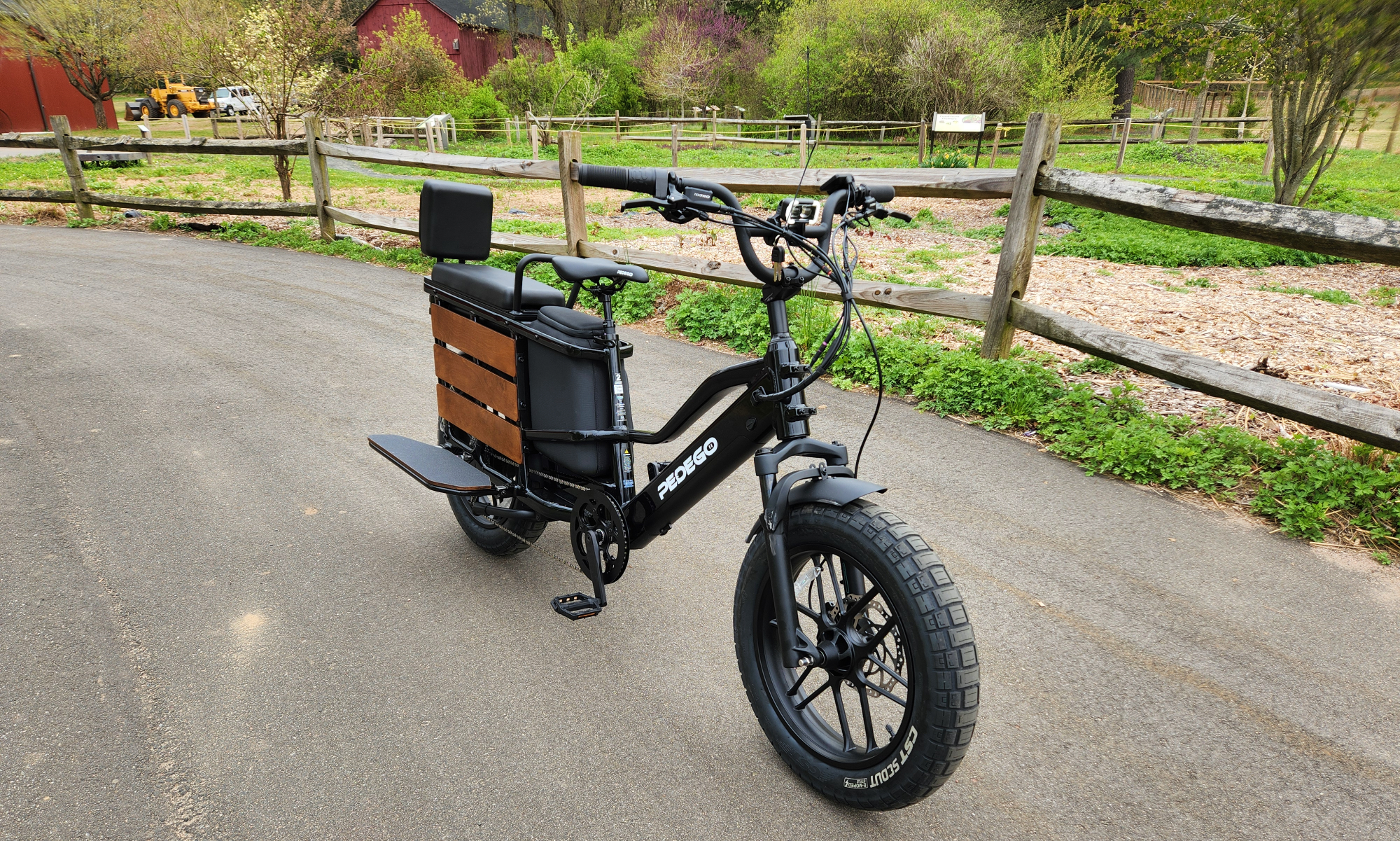 Pedego Cargo 右前四分之三视图显示轮胎胎面、储物空间和乘客脚踏板。