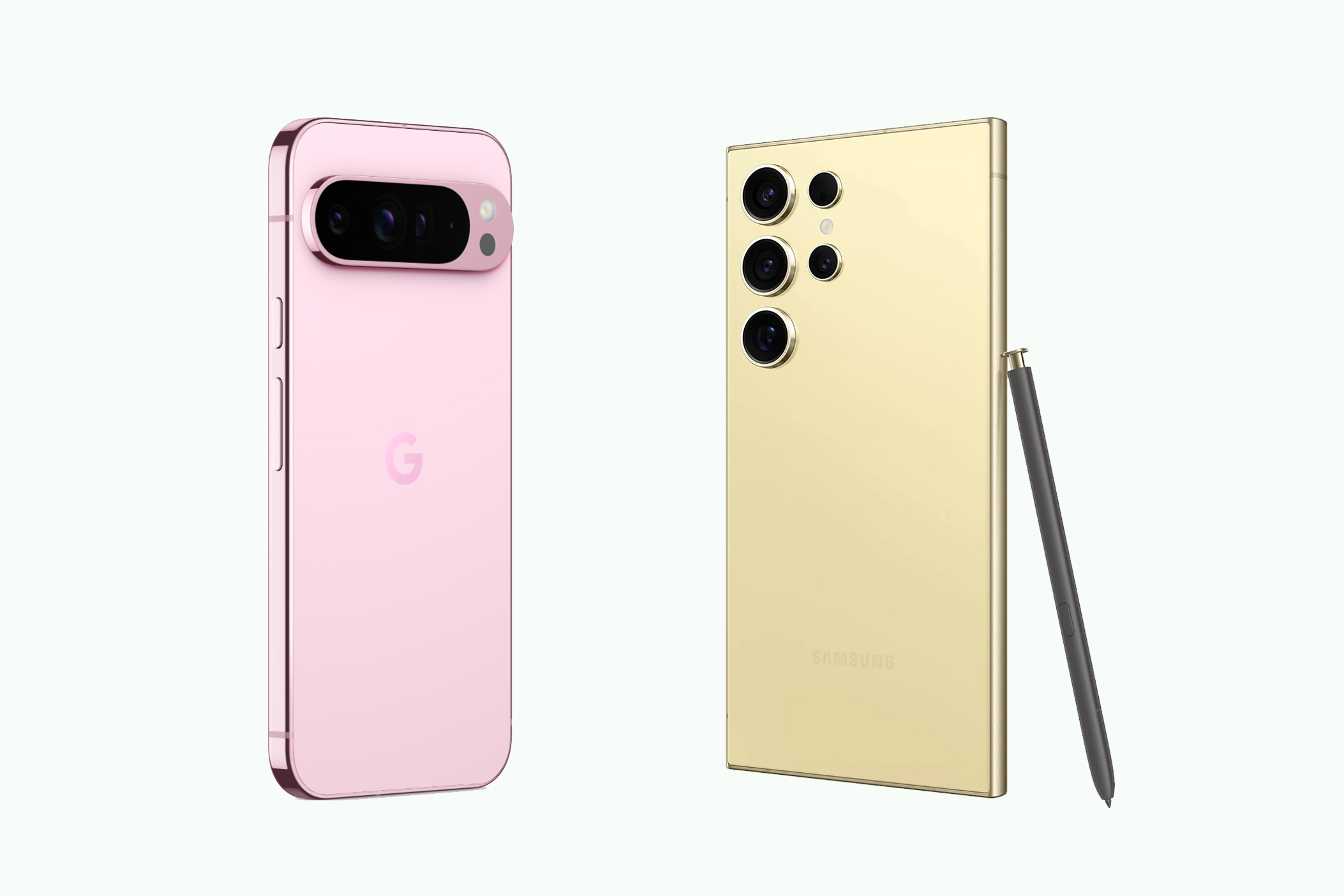 Google Pixel 9 Pro XL in Rose Quartz Pink and Samsung Galaxy S24 Ultra in Titanium Yellow.