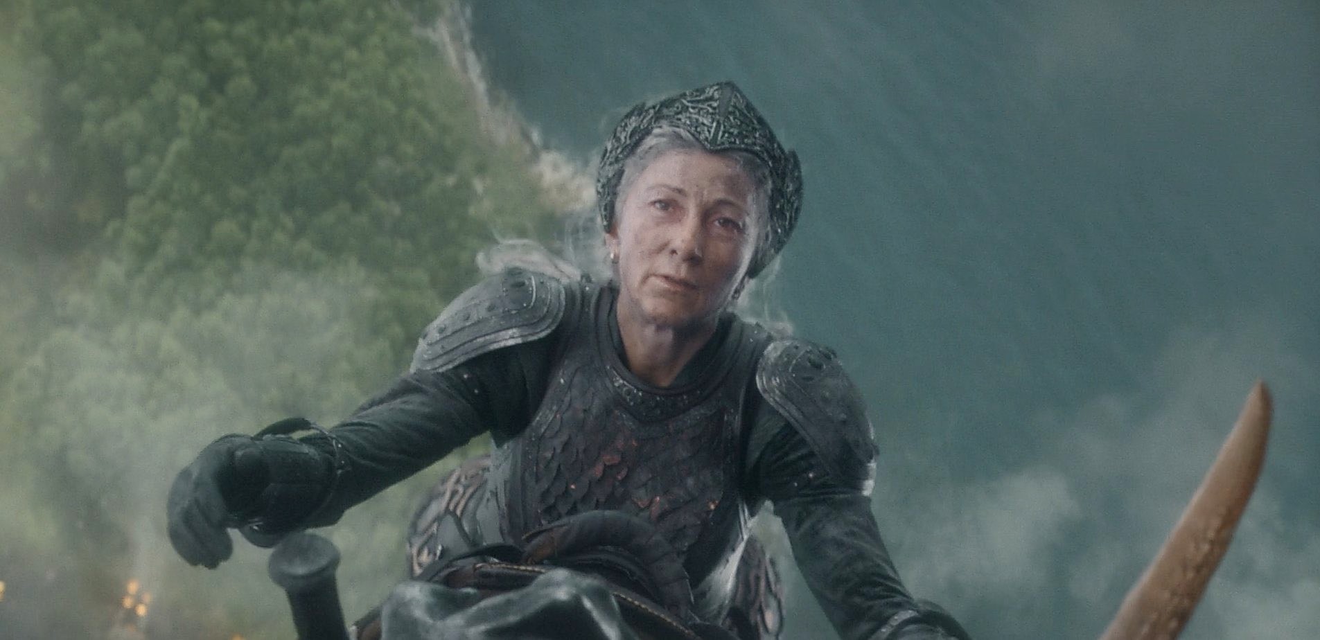 A woman rides a dragon in House of the Dragon.