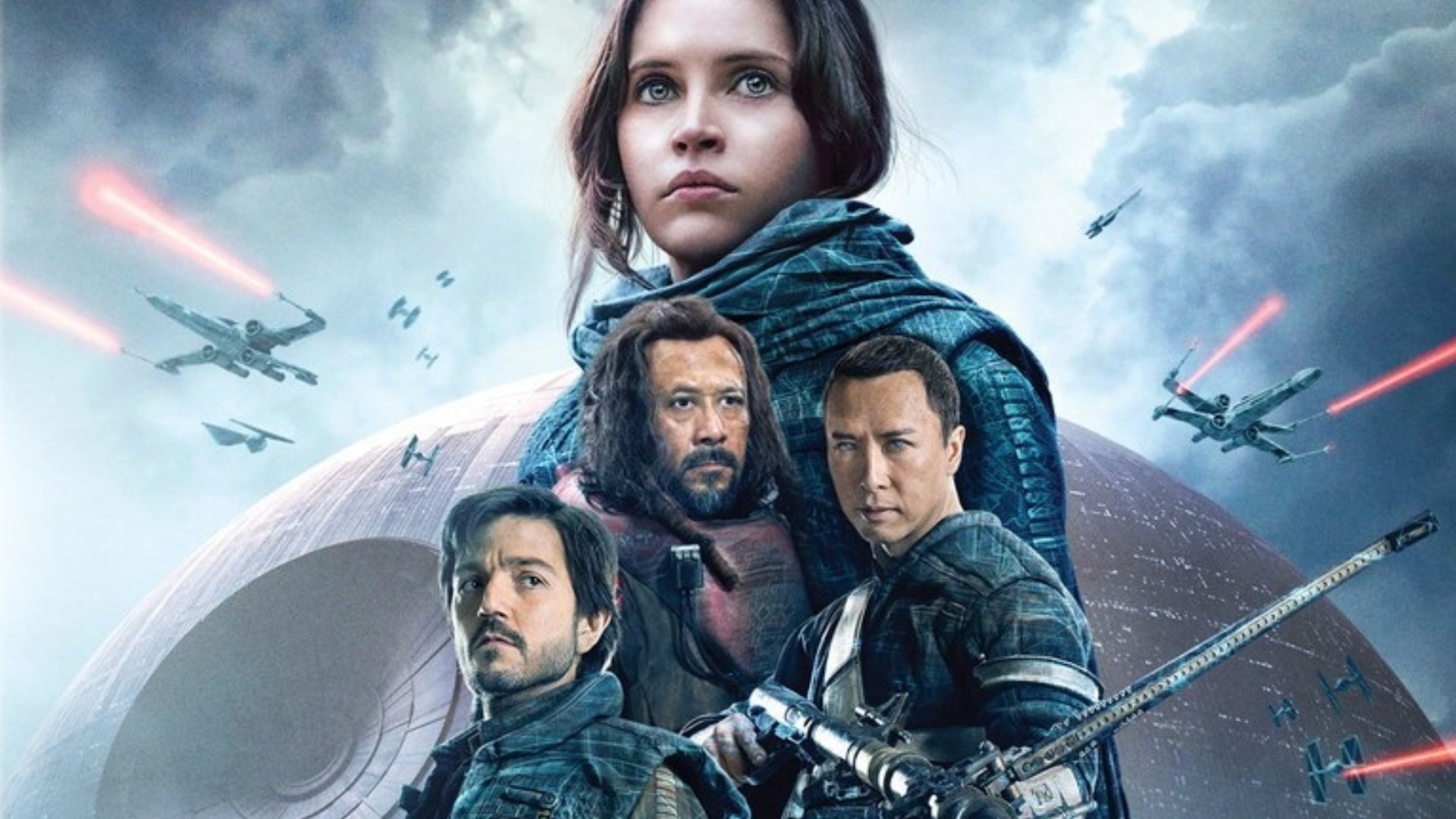 El póster de Rogue One: Una historia de Star Wars que presenta un collage del elenco principal y la Estrella de la Muerte al fondo.