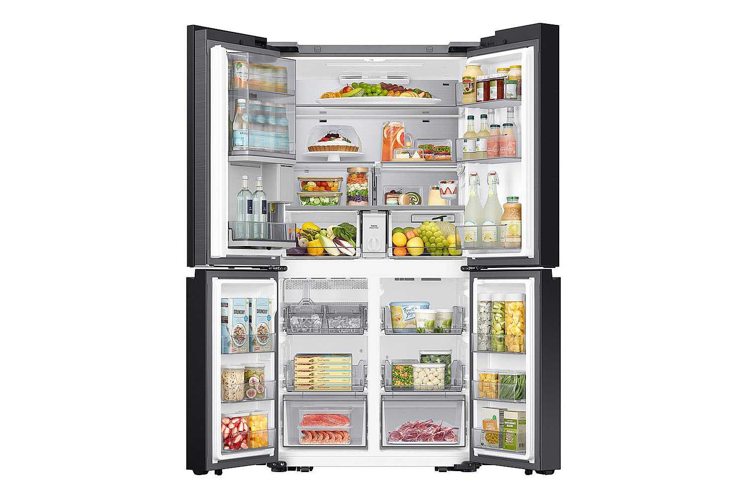 O refrigerador Samsung Bespoke de 29 pés cúbicos e 4 portas com porta francesa flexível em um fundo branco.