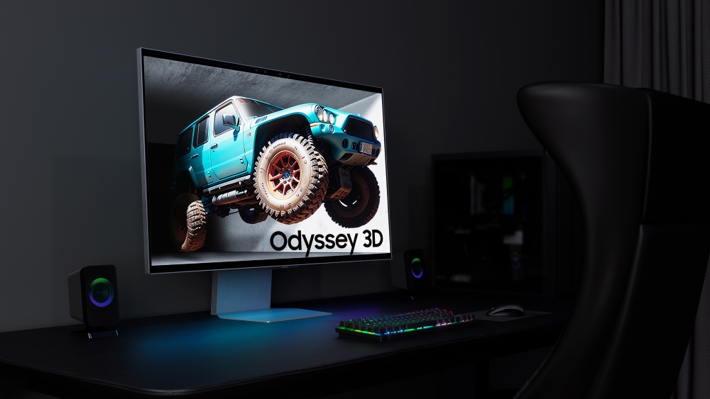 放置在桌子上的三星 Odyssey 3D 显示器。