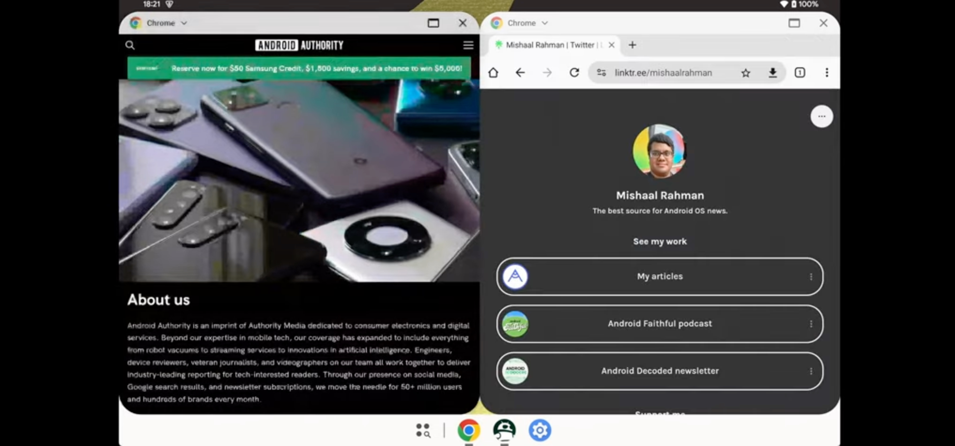 Screenshot from a video showing windowing features in Android desktop mode.