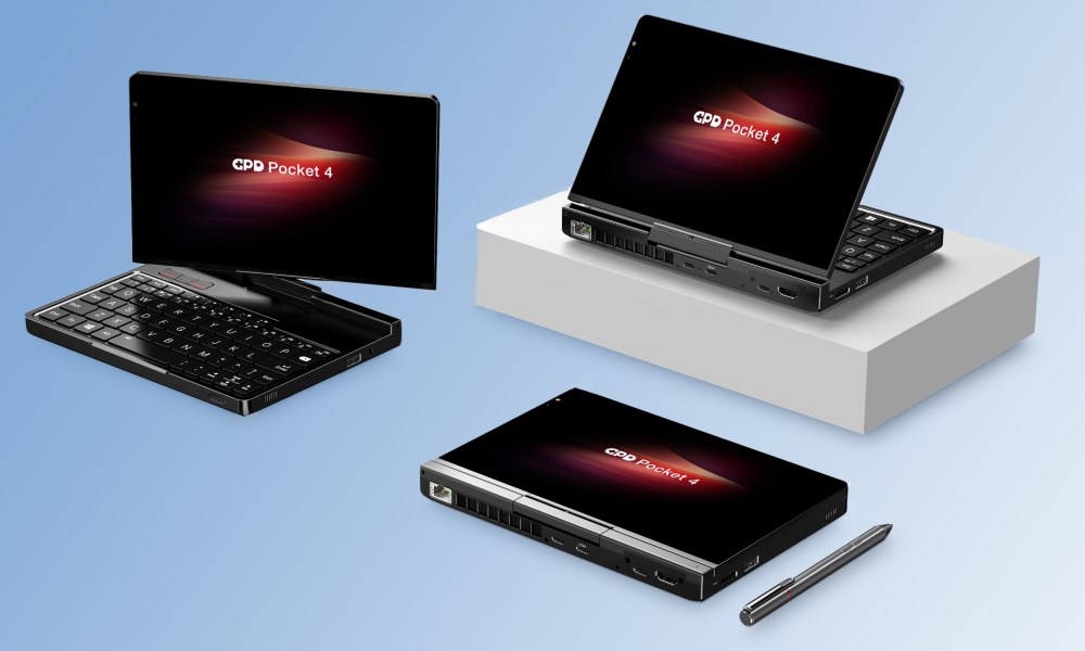 The GPD Pocket 4 handheld in various configurations.